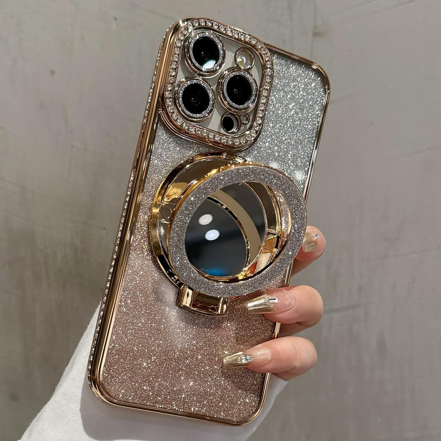 Magnetic Kickstand Glitter Case for iPhone 16 Pro Max,[Compatible with Magsafe] Bling Sparkly Rhinestones with Camera Protector Makeup Mirror Women Girls Case for iPhone 16 Pro Max 6.9", Gold - Image 6