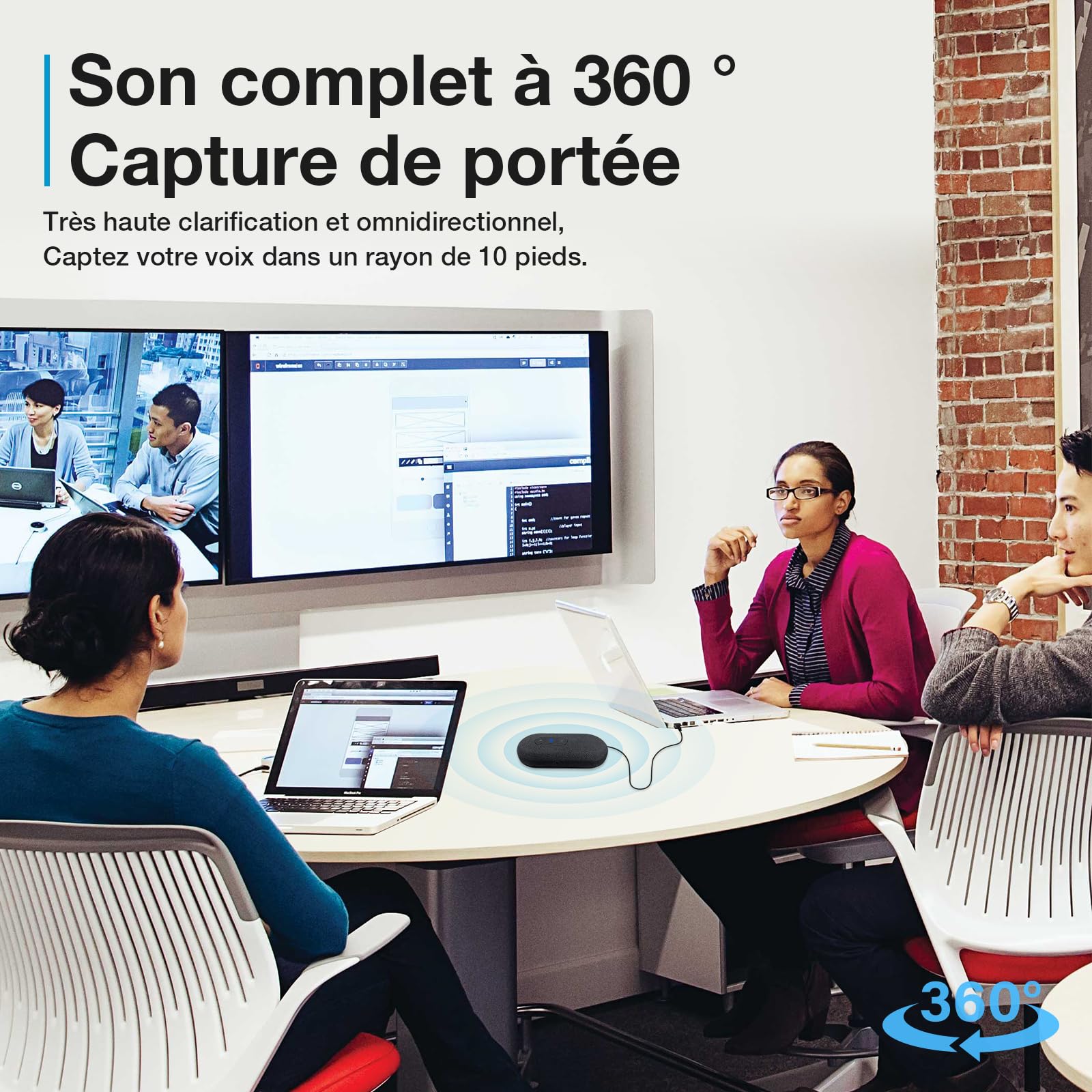 Haut-parleur de conférence USB avec microphone pour les appels à domicile, microphone de conférence avec filtre vocal intelligent et couverture de la pièce à 360 °, kit mains libres pour Skype