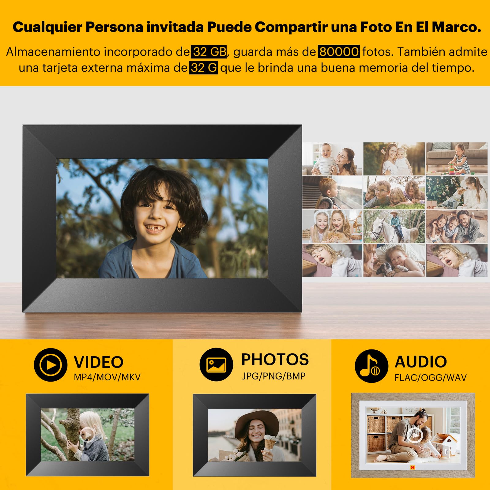 KODAK Marco de fotos digital de 7 pulgadas, WiFi, marco electrónico HD IPS, pantalla táctil, marco de fotos inteligente, nube con aplicación, memoria de 32 GB, rotación automática, compartir imágenes