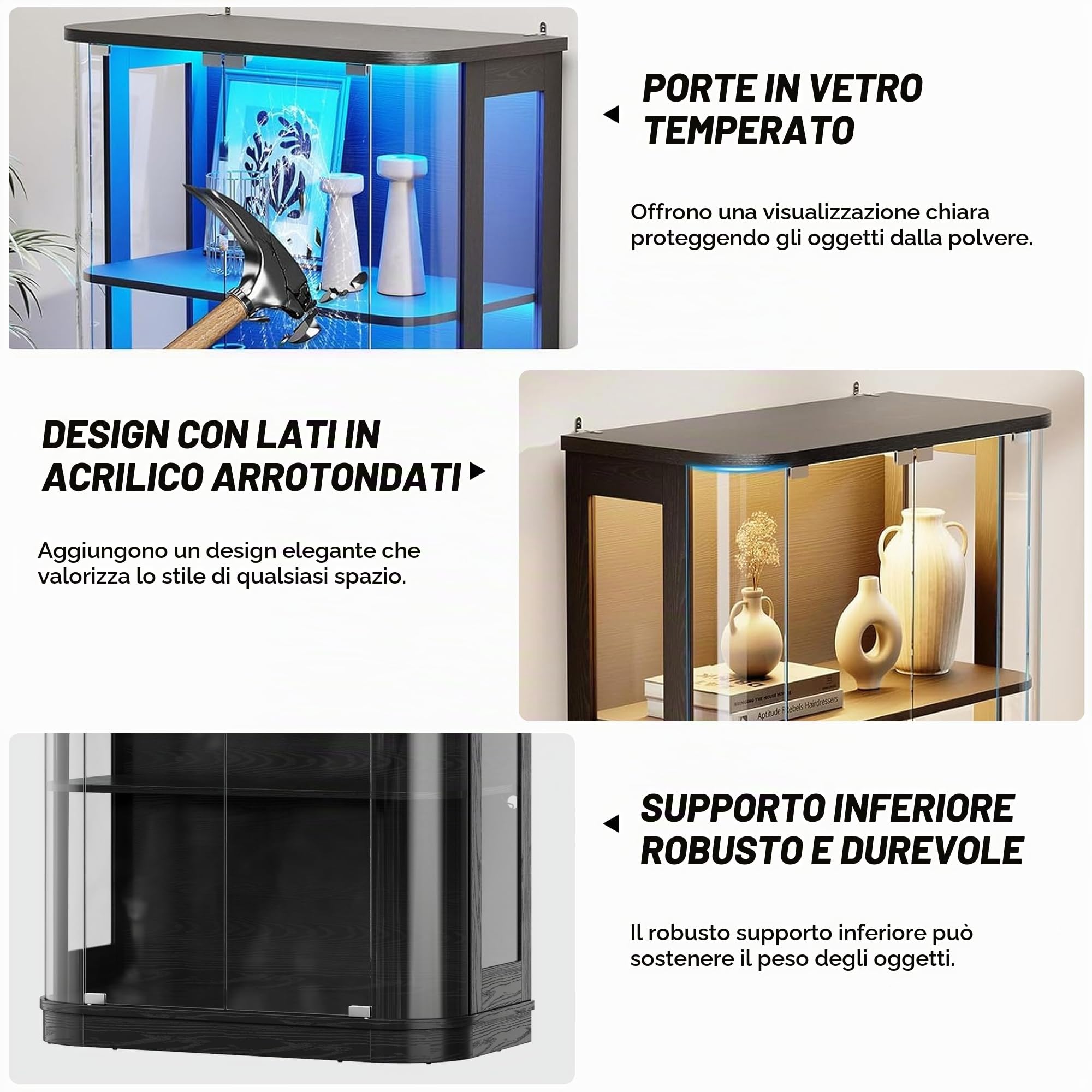 MSFE 170CM Vetrina in Vetro con LED, Vetrina Espositiva con Sensore Intelligente, Vetrinetta per Collezionismo, 4 Ripiani Vetrinetta Autoportante in vetro, Per Soggiorno,Ufficio,Cucina,Bar,Studio