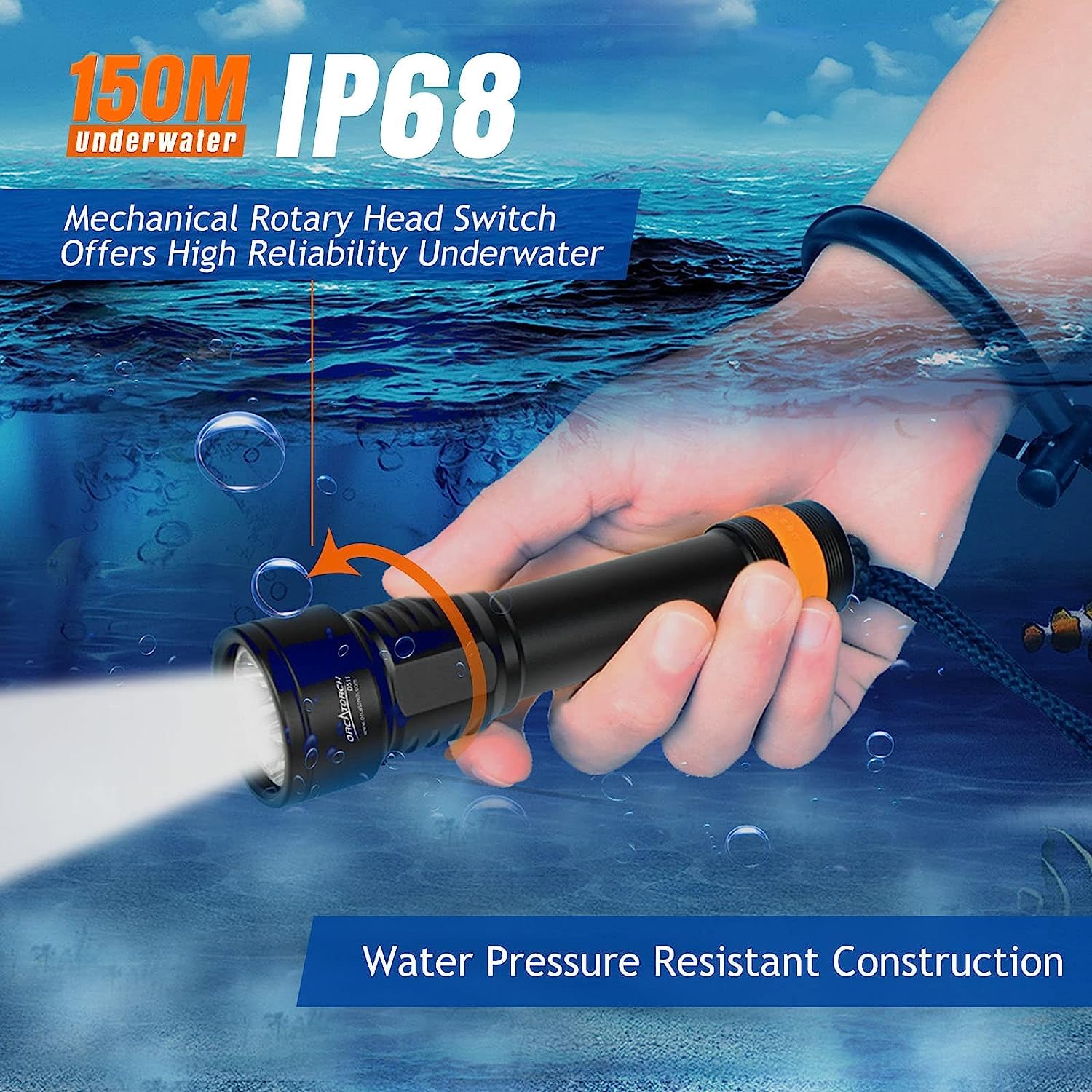 ORCATORCH Luz de buceo D511, máximo 2200 lúmenes, linterna subacuática con haz de 8 grados, interruptor giratorio impermeable IP68, antorcha de buceo nocturna