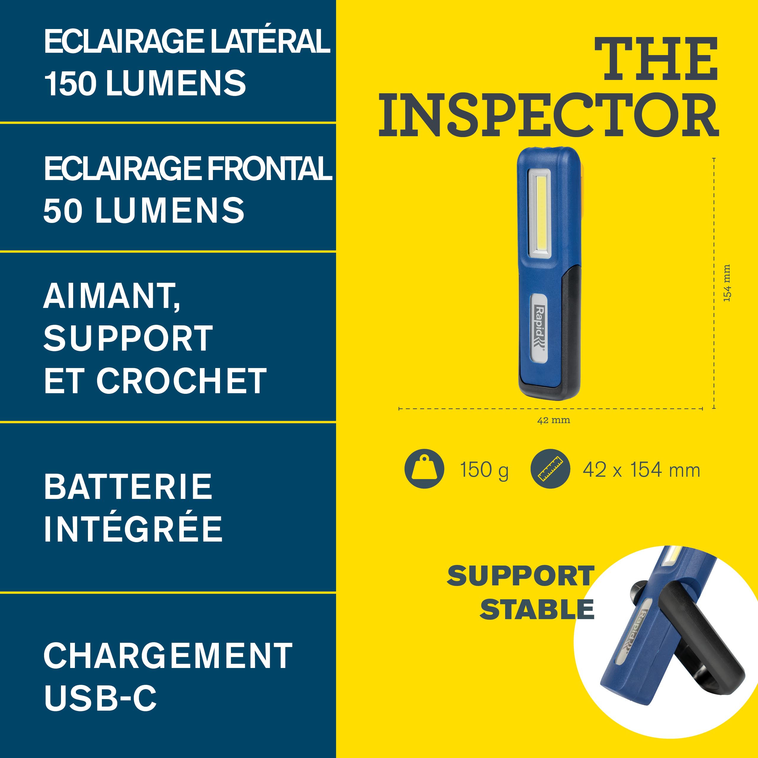 Lampe LED Rapid The Inspector : Lumière d’inspection compacte, éclairage frontal 150 lumens, extrémité 50 lumens, batterie rechargeable USB-C 3,6V, base magnétique et crochet, espaces exigus (5001732)