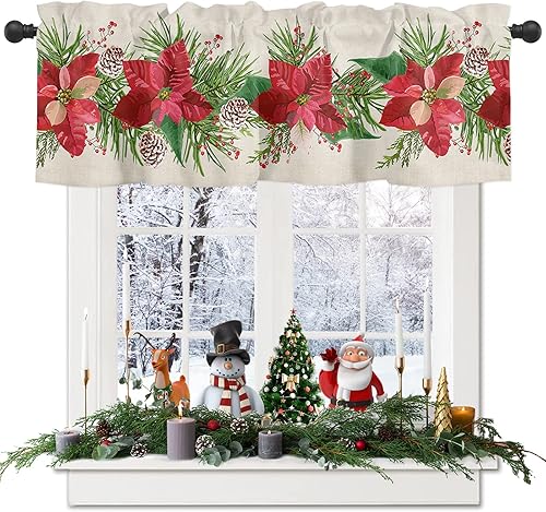 Cenefa de cortina de cocina de flor de pascua de Navidad, cenefa de cortina de ventana, bolsillo para barra, 1 panel, cenefas de ventana para sala
