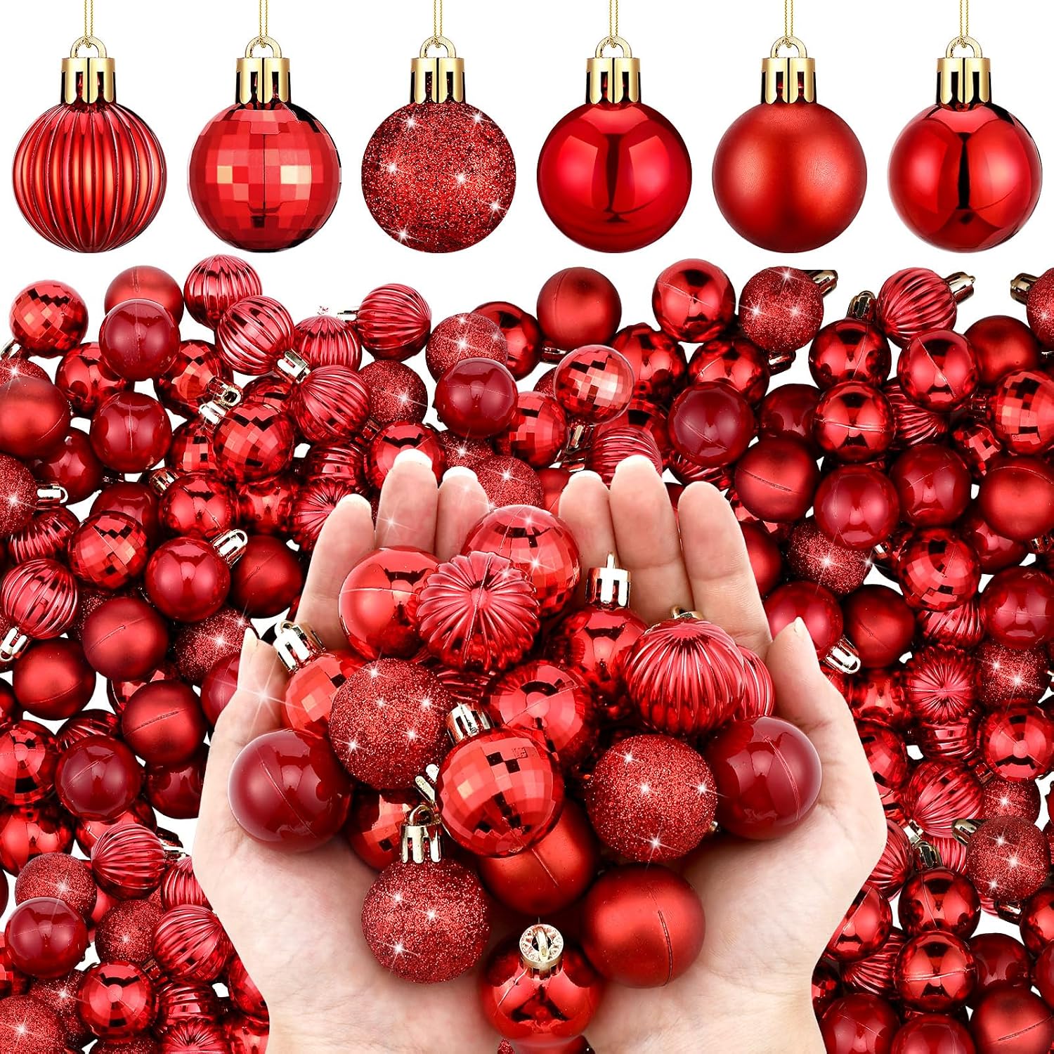 Shappy 216 Pcs Mini Christmas Ball Ornament 1.18 Inch Small Christmas Tree Decorations 6 Styles Shatterproof Xmas Ball with Hanging Loop for Holiday Party Wreath Xmas Tree(Red)