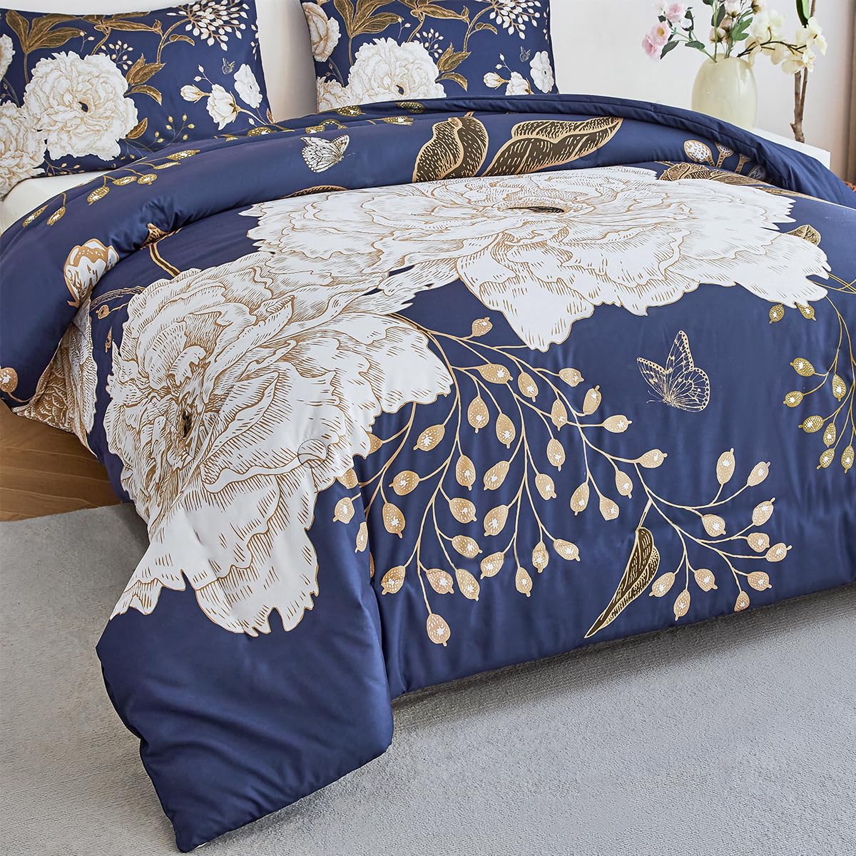 STYHO Blue Duvet Cover Sets Floral King 3Pcs Large White Flower Bedding Set Soft Reversible Botanical Butterfly Printed Duvet Covers for All Seasons(Blue - Image 4