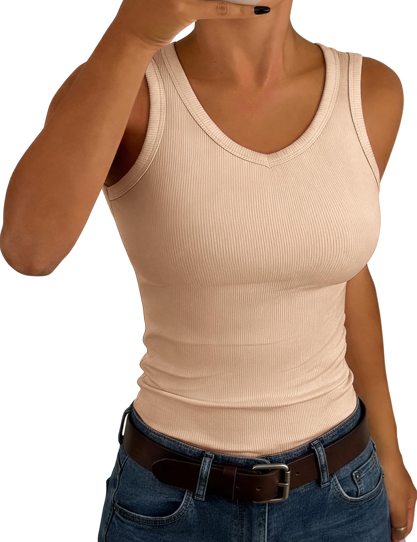 Aottori Tank Top Damen V-Ausschnitt Slim Fit Gerippt Sommer | Oberteile Ärmellos, Sexy, Stretch, Basic, Unterhemd, Casual für Alltag Freizeit, Einfarbig