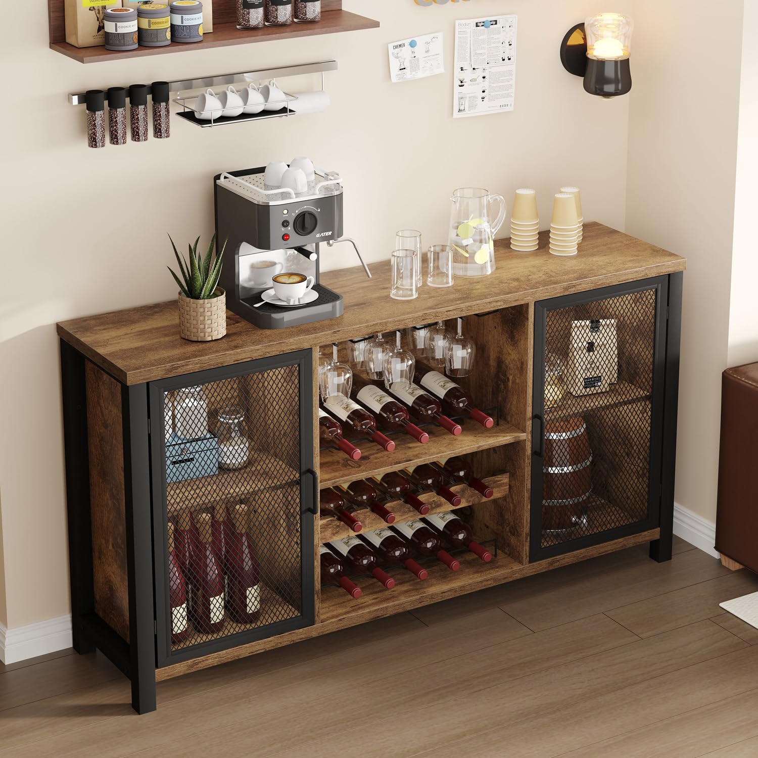IBF Weinschrank Barschrank mit Weinregal und Glashalter Industrial Küchenschrank Kaffeebarschrank Sideboard Weinbarschrank für Küche Esszimmer Wohnzimmer Eingangsbereich,140 cm Rustikales Braun