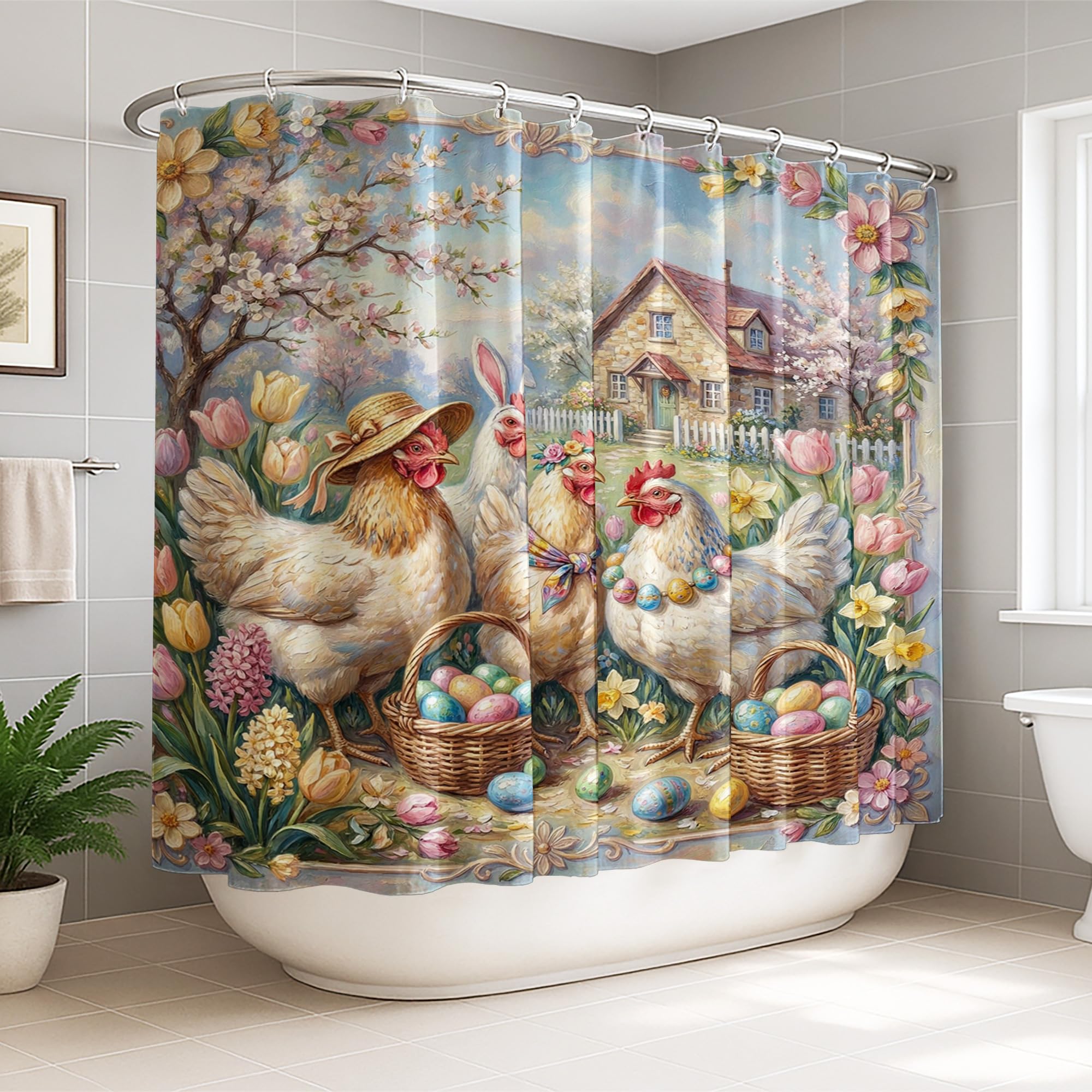 Rideau de douche extra large contre les fuites d'eau motif poule avec crochets