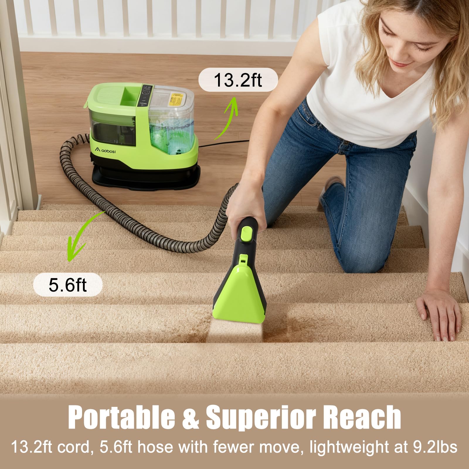 AAOBOSI Polsterreiniger Gerät mit Heißdampf & 17KPa - 1800W Waschsauger Teppichreiniger mit Sprachfunktion & Selbstreinigung - Für Sofa, Teppich, Auto, Treppen - 4 Zubehör, Grün