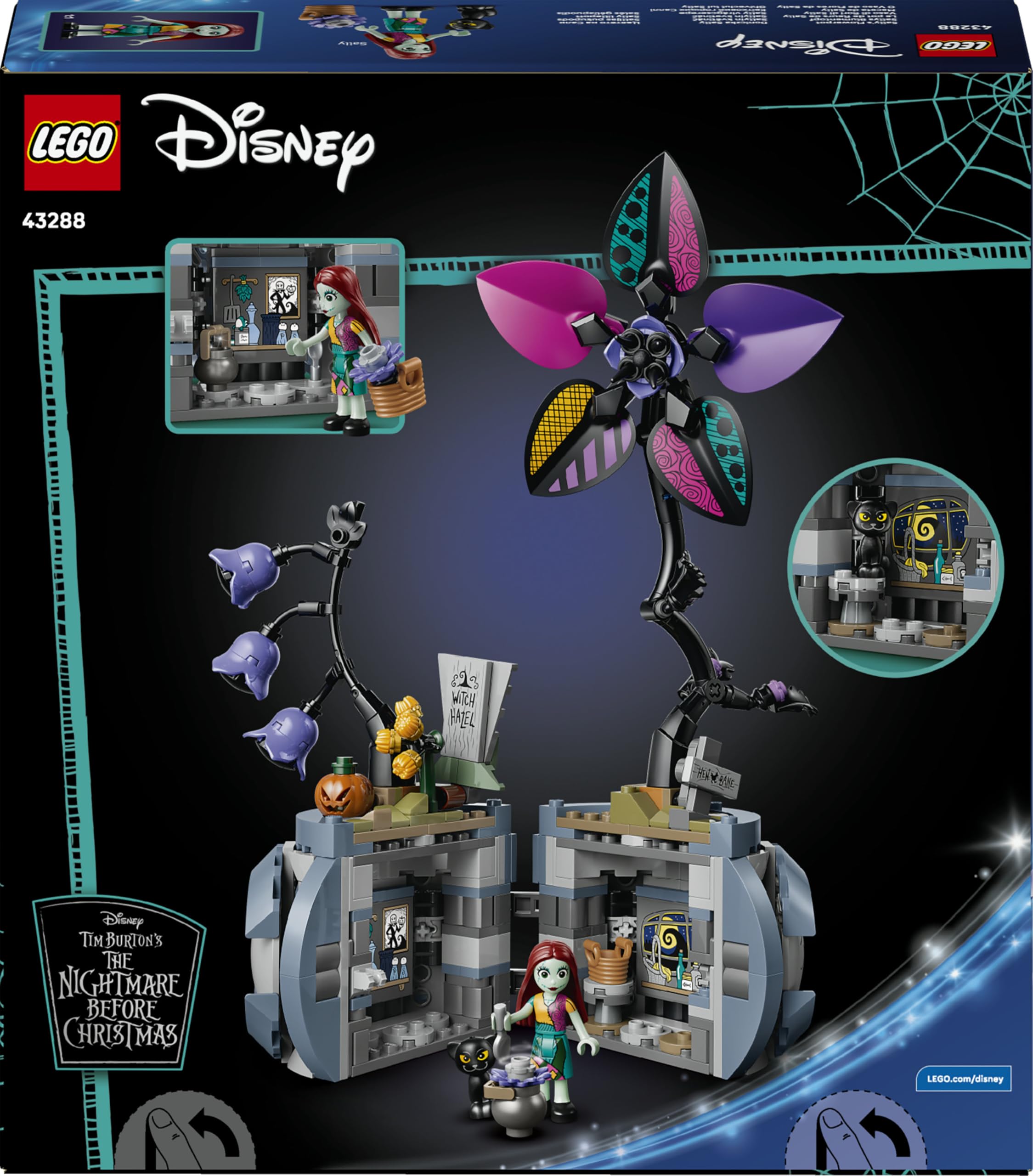 LEGO | Disney Maceta de Sally - Decoración del Dormitorio con 2 Flores Artificiales, Mini Muñeca y Gato Negro de Juguete - Regalo para Niñas de 9+ Años y Fans de Pesadilla Antes de Navidad - 43288
