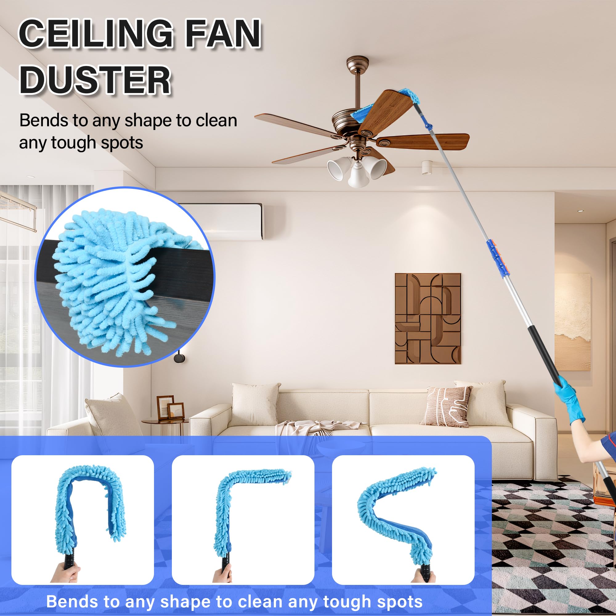 Kit de limpieza de alto alcance de 12 pies con poste de extensión telescópico de 5 a 12 pies, plumero flexible para ventilador de techo, plumero de plumas de microfibra, plumero de telaraña,