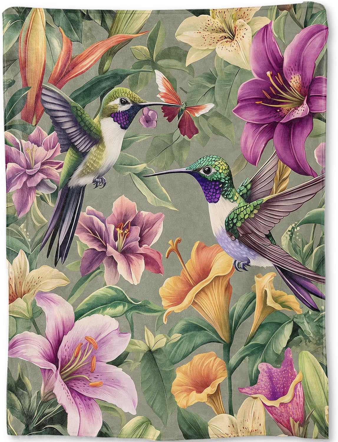 Vibrant Hummingbird Blanket - Lily Floral Tranquil Fleece Throw,Gifts for Adult, Soft & Warm,Lightweight, for Modern Art Decor, Nature Lovers,Room Home Accents 50x60in