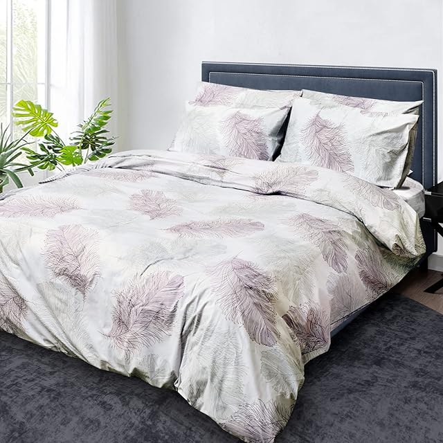 Cotton Comfort Bedding 3Pcs 100% Egyptian Cotton Printed Duvet Cover - 400 Thread Count Double Duvet Cover Set, Quilt Reversible Double Bed Duvet Cover Set, with 2 Pillowcases (Soft Leaf, King)