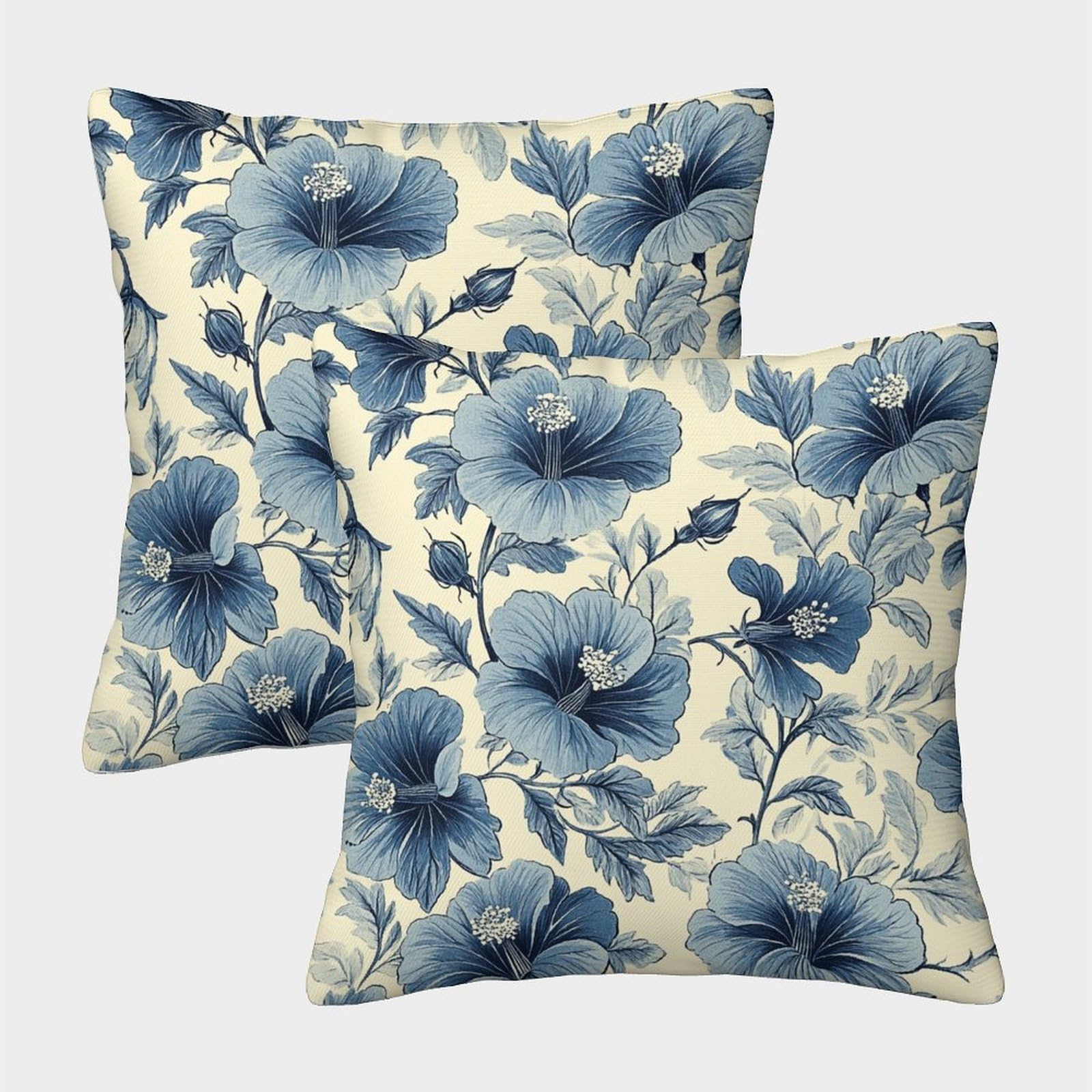 kaiyun 2 Pack Blue Hibiscus Flower Personalised Cushion Cover Vintage Illustration Home Sofa Decoration 40x40cm Pillow Covers