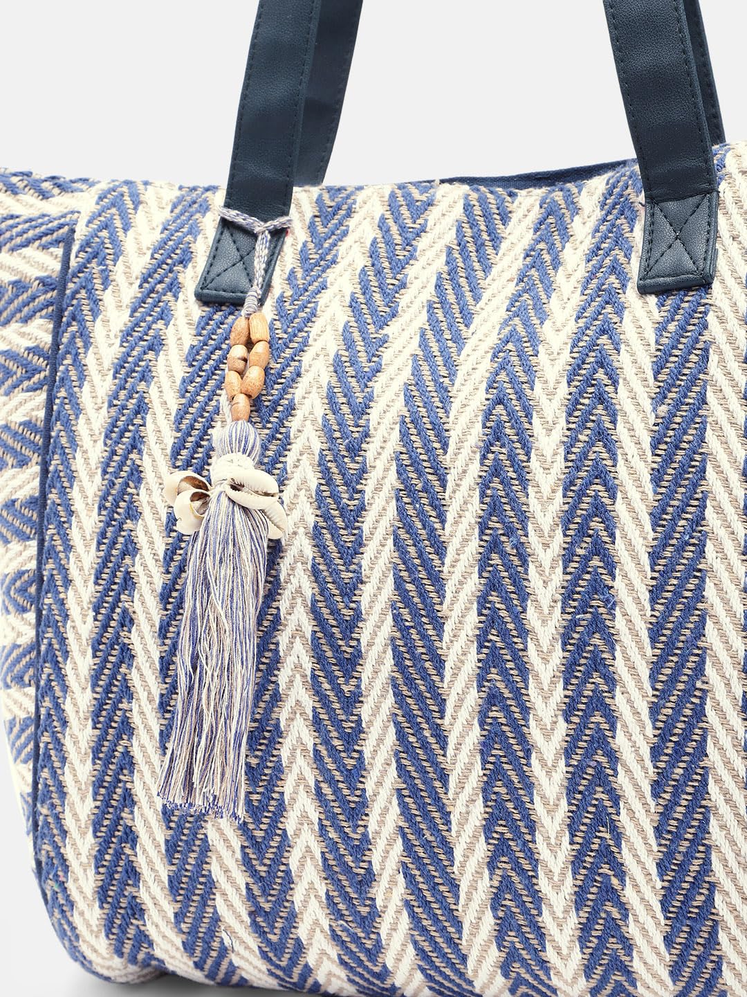 PRIMROSE Chevron Pattern Tote Bag with Tassels, Beige and Multi-Colour (Blue) 3