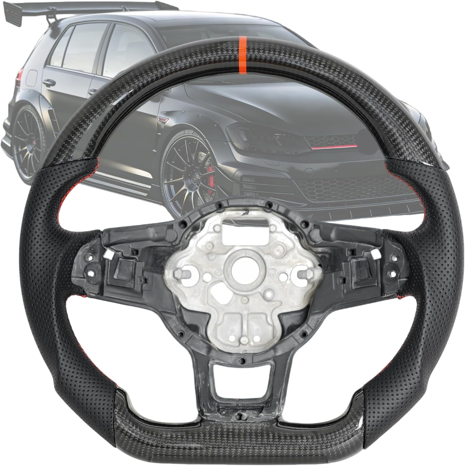 Carbon Fiber Steering Wheel for Volkswagen Golf GTI Mk7 MK7.5 2015-2020, D-shaped Flat-bottom Red Positioning Lines Red Stitching Steering Wheel for 15-20 Golf R-line(Only fit Auto Vehicles)