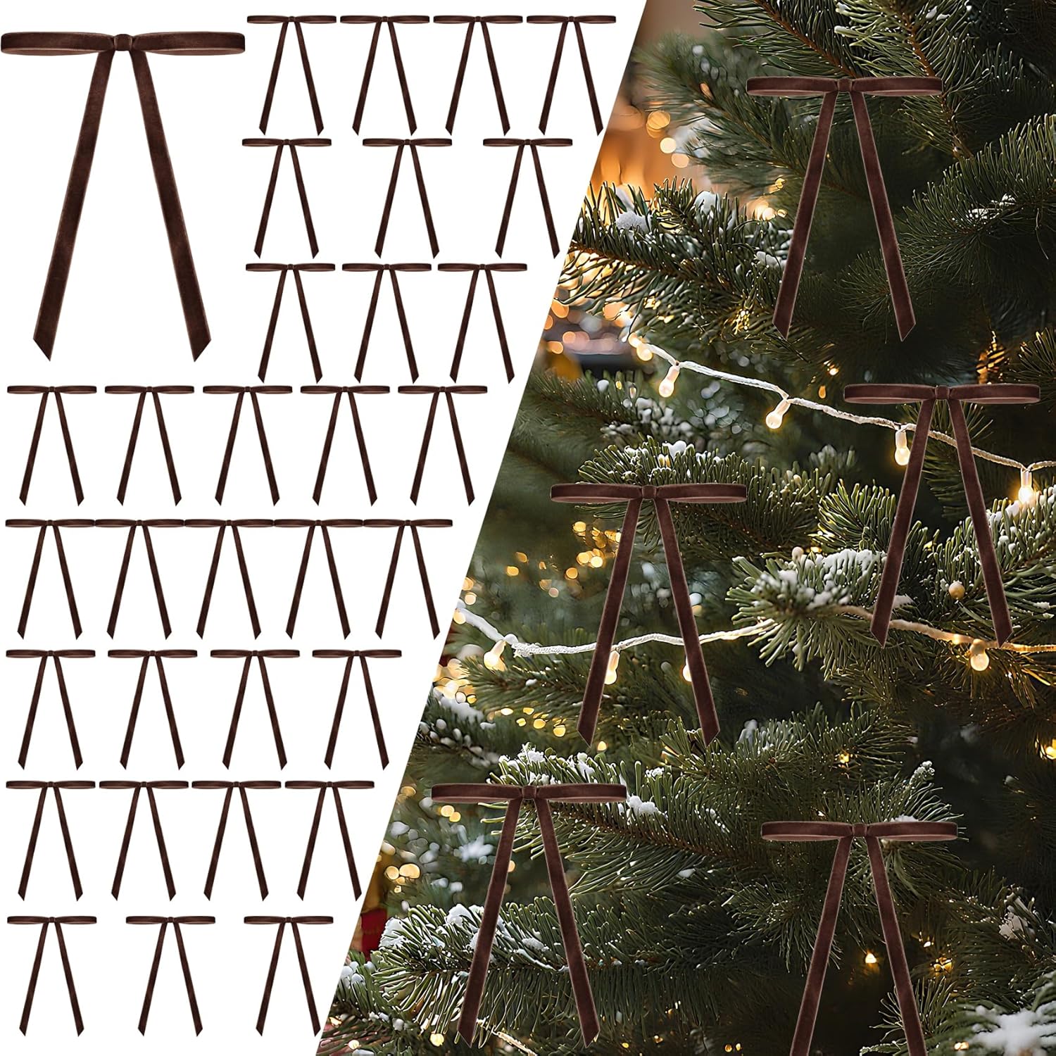 Senjie 30Pcs Velvet Bows for Christmas Tree, Vintage Rustic Christmas Ribbon Bows Ornaments for Garland, Wreath, Gift Wrapping and Indoor Outdoor Holiday Party Decorations (Deep Brown, 5" x 7")