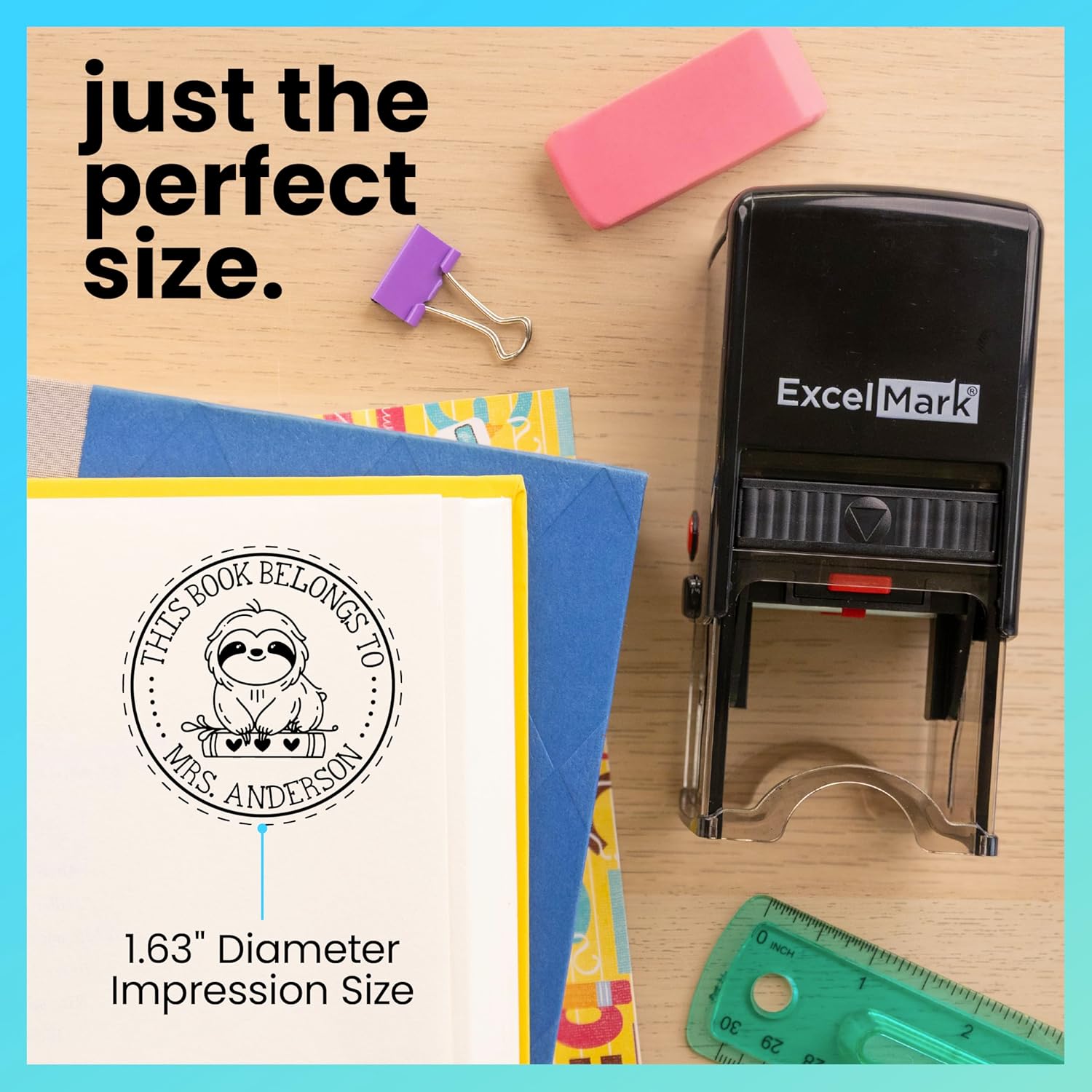 ExcelMark Personalized Teacher Book Stamps - Available in 39 Designs and 5 Color Options (Sloth Book Buddy)