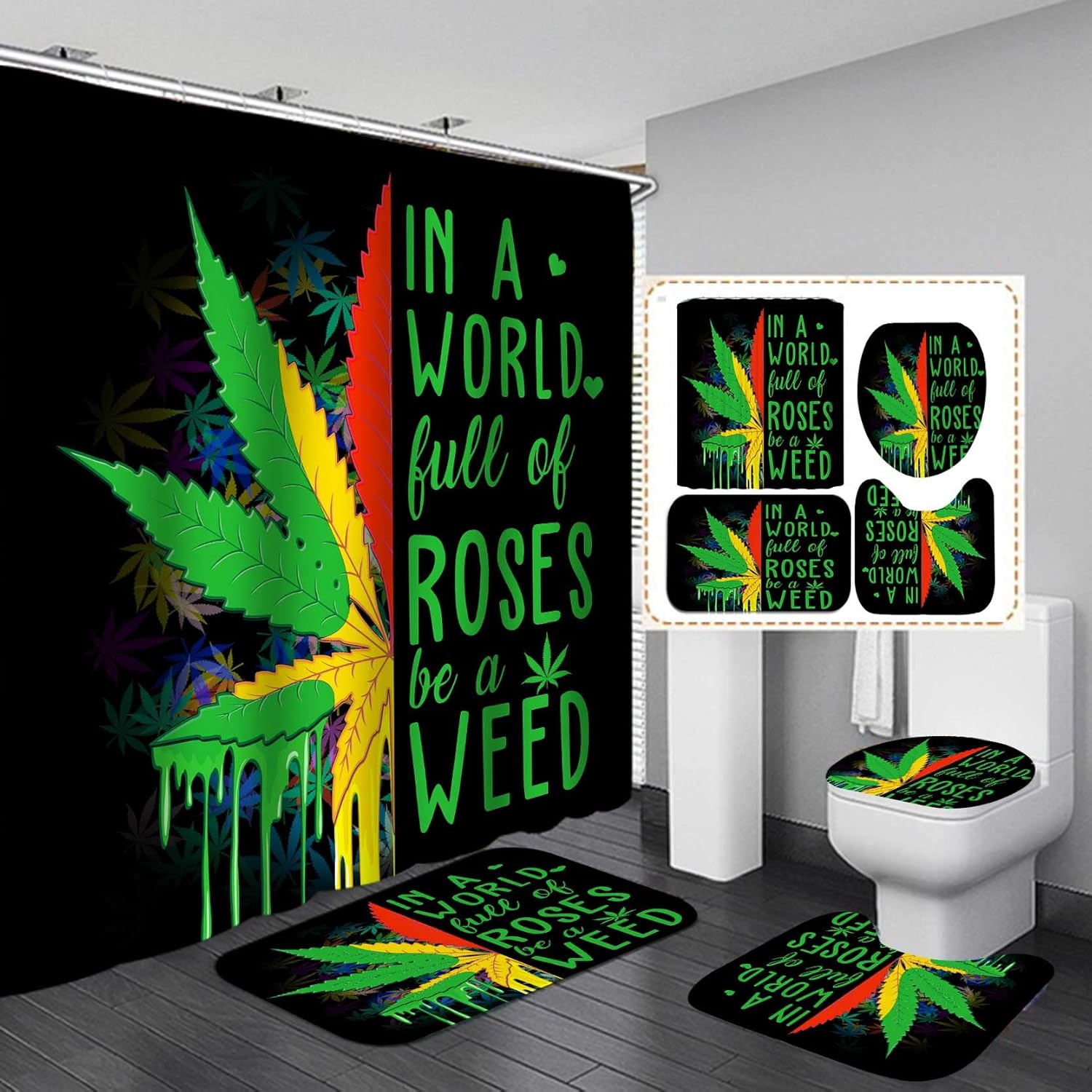Jayden Madge 4PCS Green Yellow Red Maple Leaf Shower Curtain Set, Cool Inspirational Quotes Bathroom Decor for Teens, Non-Slip Bath Mat Toilet Rug, in A World Full of Roses