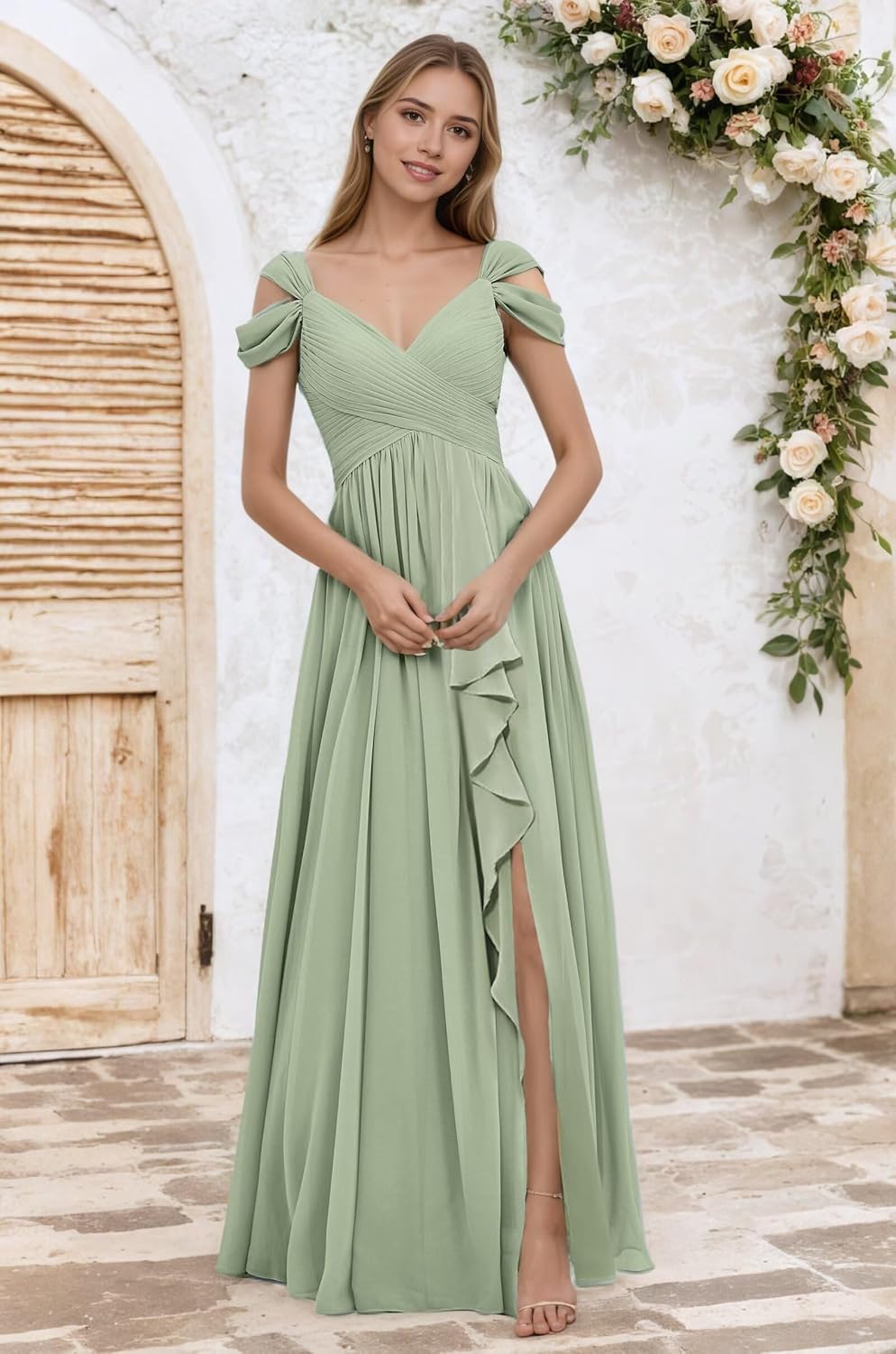 Off The Shoulder Bridesmaid Dresses with Pockets Long Ruffle Chiffon Pleated Formal Evening Party Gowns with Slit - Image 5