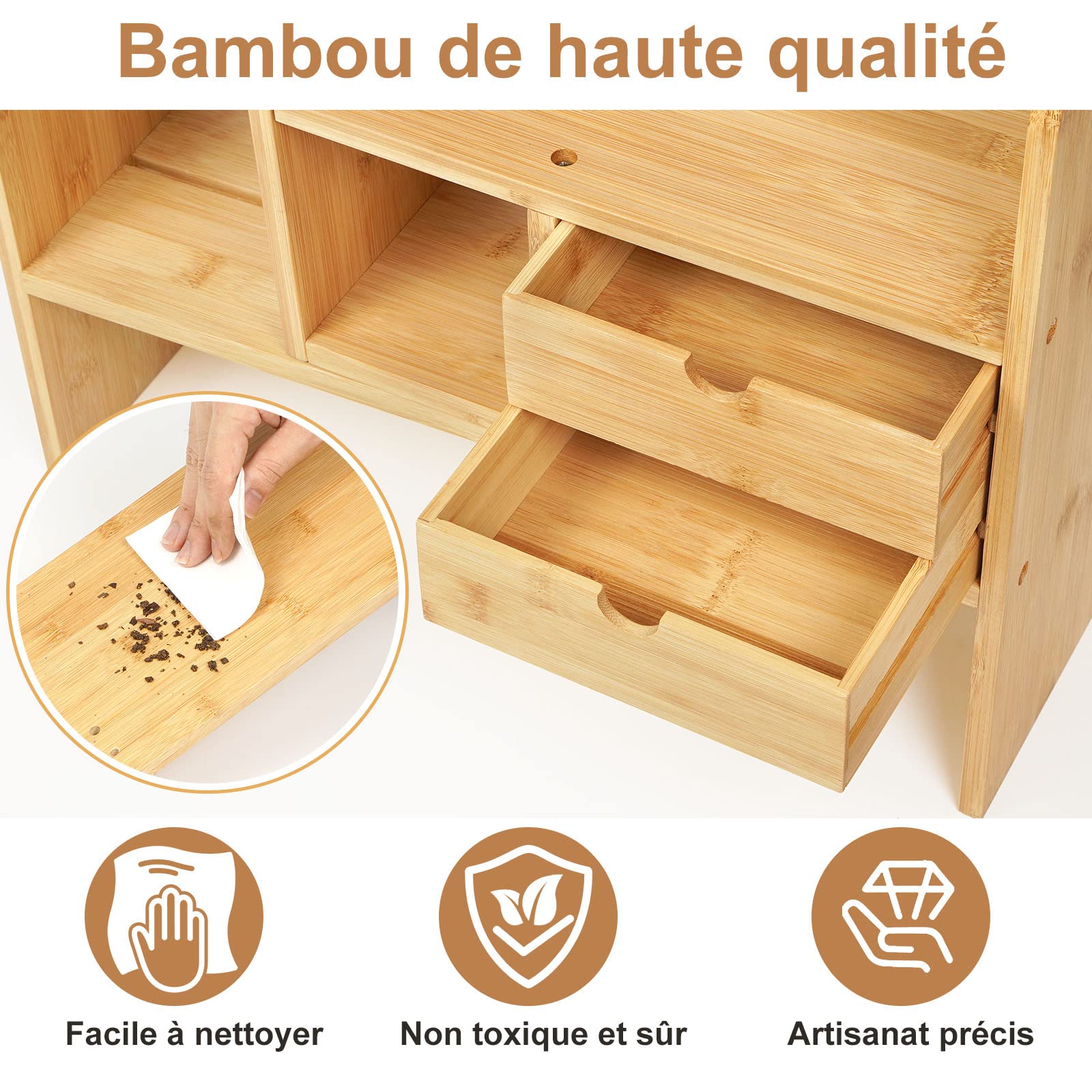 GUUSII HOME Etagere de Bureau a Poser Rangement Étagère à Livres pour Bureau Etagère de Table avec Tiroirs pour Chambre à Coucher Etagère en Bambou Ajustable Petit Rangement pour Cuisine