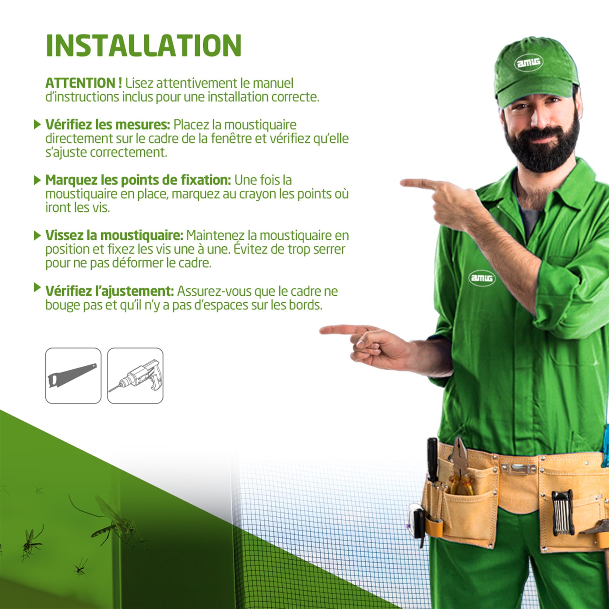 Amig - Moustiquaire Fixe pour Fenêtre - 120 x 140 cm - Cadre en Aluminium Blanc - Maille en Fibre de Verre Grise - Installation avec Vis - Ventilation avec Protection Contre les Insectes - Mod. MF01