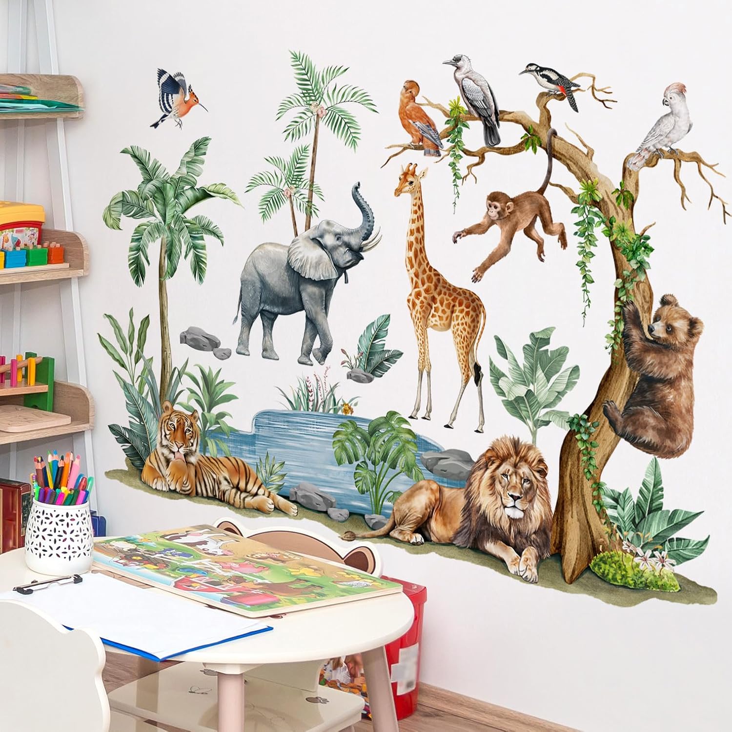 LiveGallery Watercolor Safari Animal Wall Decals - Jungle Tiger Lion Elephant Giraffe Monkey Wall Stickers for Kids Room Nursery Playroom, Living Room, Removable Peel and Stick Wall Art Decoration