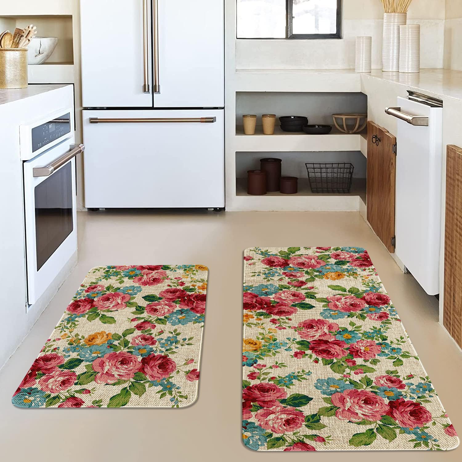 Red Pink Floral Kitchen Mats for Floor 2 Piece Home Decor, Country Spring Flower Kitchen Rugs Sets of 2 Non Slip Washable