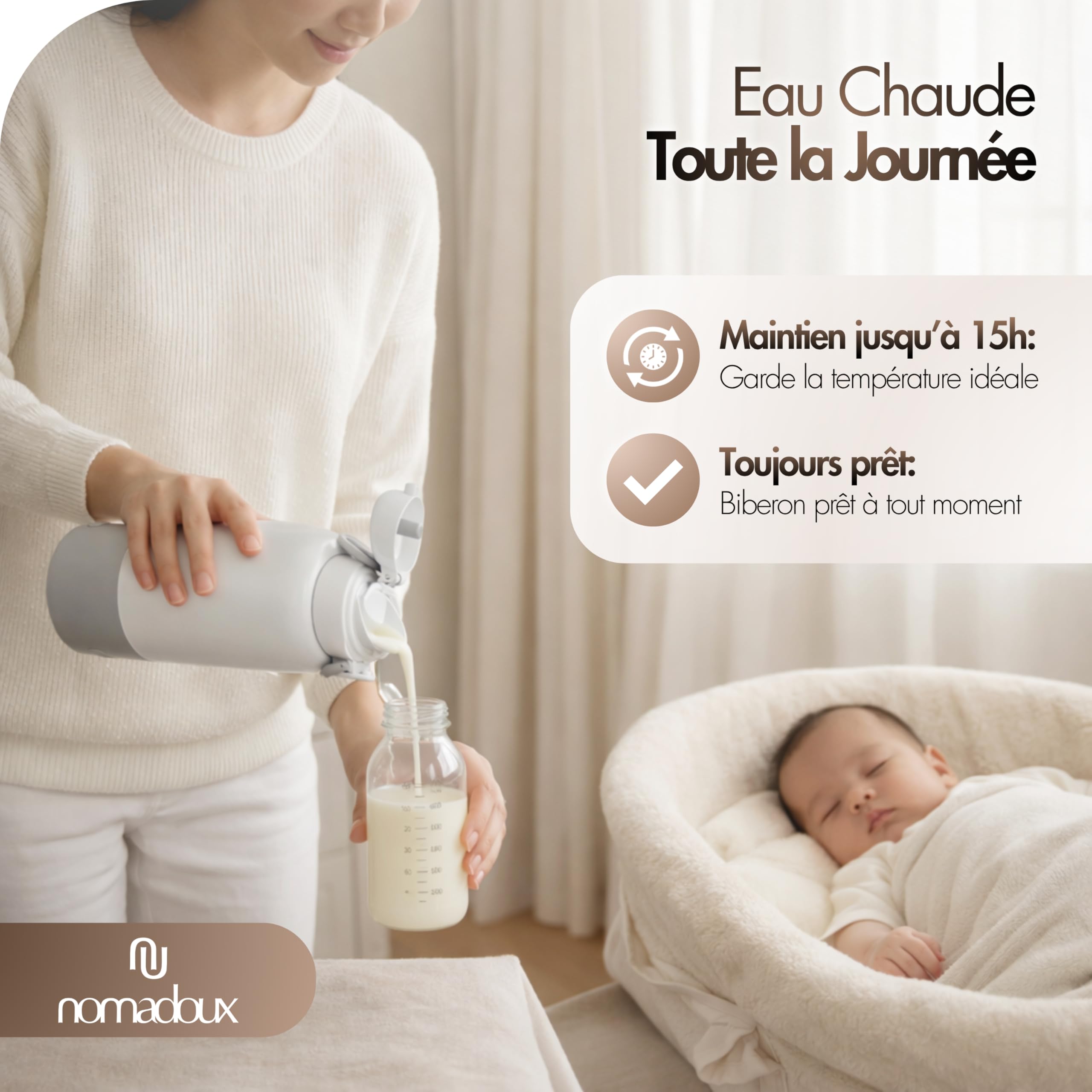 Chauffe-Biberon Nomade 450 ml - Chauffage Rapide 100W | Température réglable 37-55°C | Maintien au chaud 15h | Recharge USB-C | Eau et lait maternel | Chauffe biberon portable de voyage