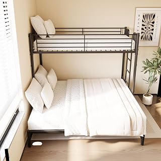 Twin Over King Bunk Bed with Pull-Out Trundle - Detachable Metal Twin Bunk Beds with High Guardrail Ladder for 3 Teens/Adults No Box Spring Needed (Twin Bunk w/Pull-Out Bed)