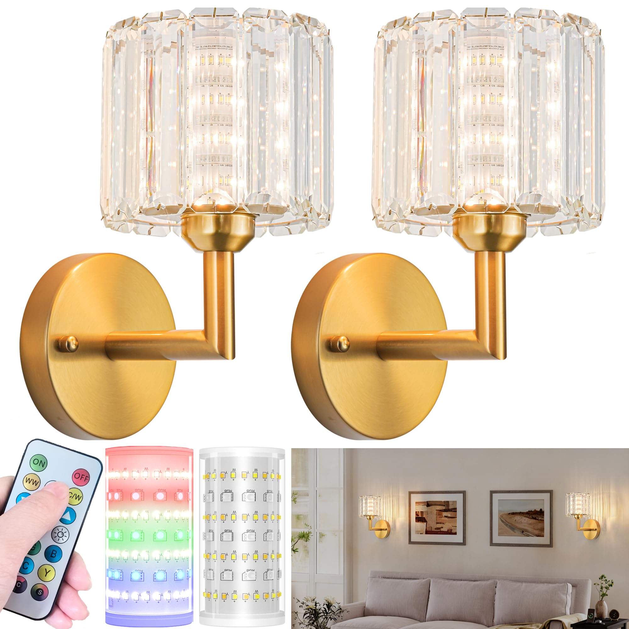 Nekhung Battery Operated Wall Sconces Set of 2, Wireless Wall Light with 10000mAh RGB Dimmable Magnetic Bulb, Rechargeable Wall Sconce with Remote Control for Bedroom Living Room