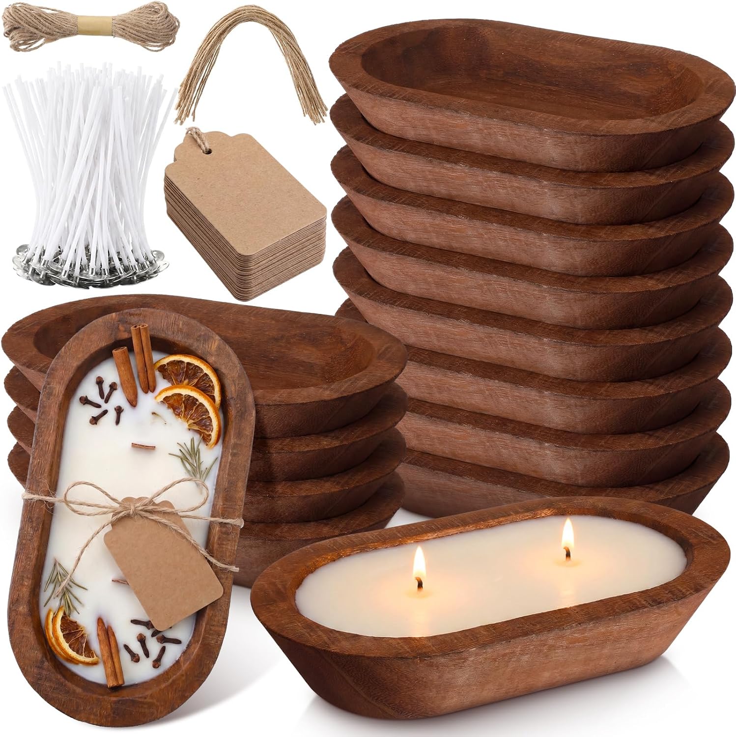 15 Set Sand Candle Bowls Wood Empty Large Decorative Dough Bowls Candle Making DIY Kit with 15 Bowl 70 Wicks 30 Tag 32.8 ft Twines for Making Craft Home Decoration Farmhouse(Without Sand)