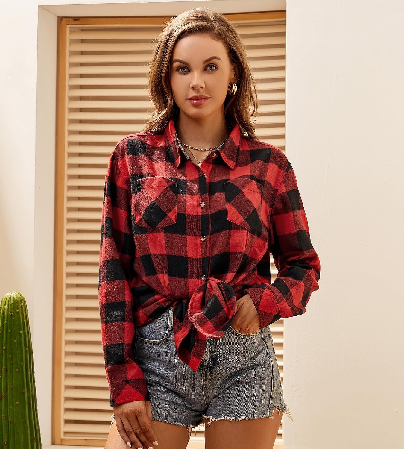Alex Vando Womens Flannel Shirt Regular Long Sleeve Casual Shirt for Women | Soft breathable textile, Dual chest storage pockets, Durable fine stitching, Various plaid tones