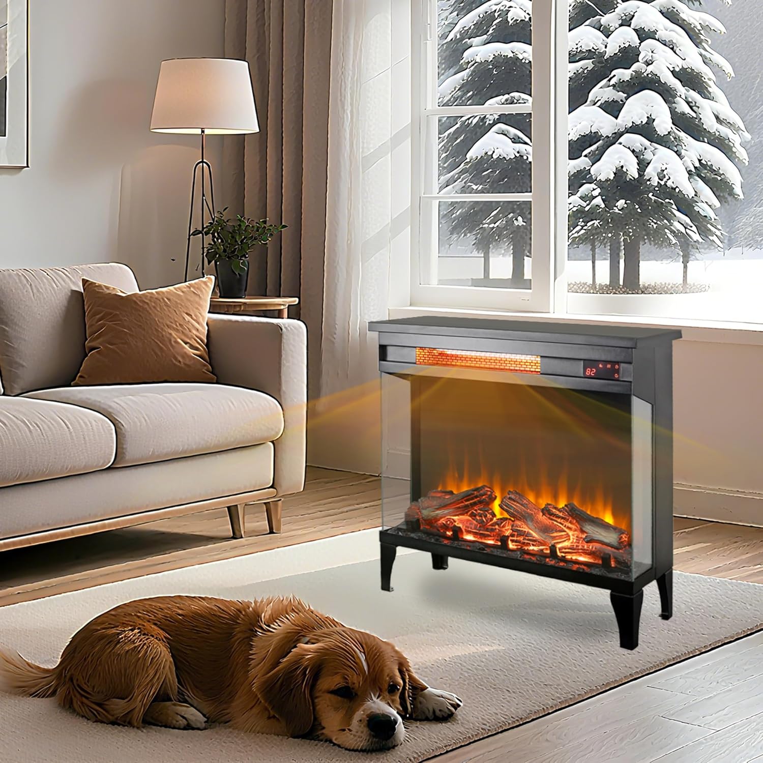 24" Electric Fireplace Heater, 3-Sided Glass Design, Adjustable 4 Flame Colors, Remote, Timer, 1500W Infrared Heater w/Overheat Protection, Fireplace Heaters for Indoor use