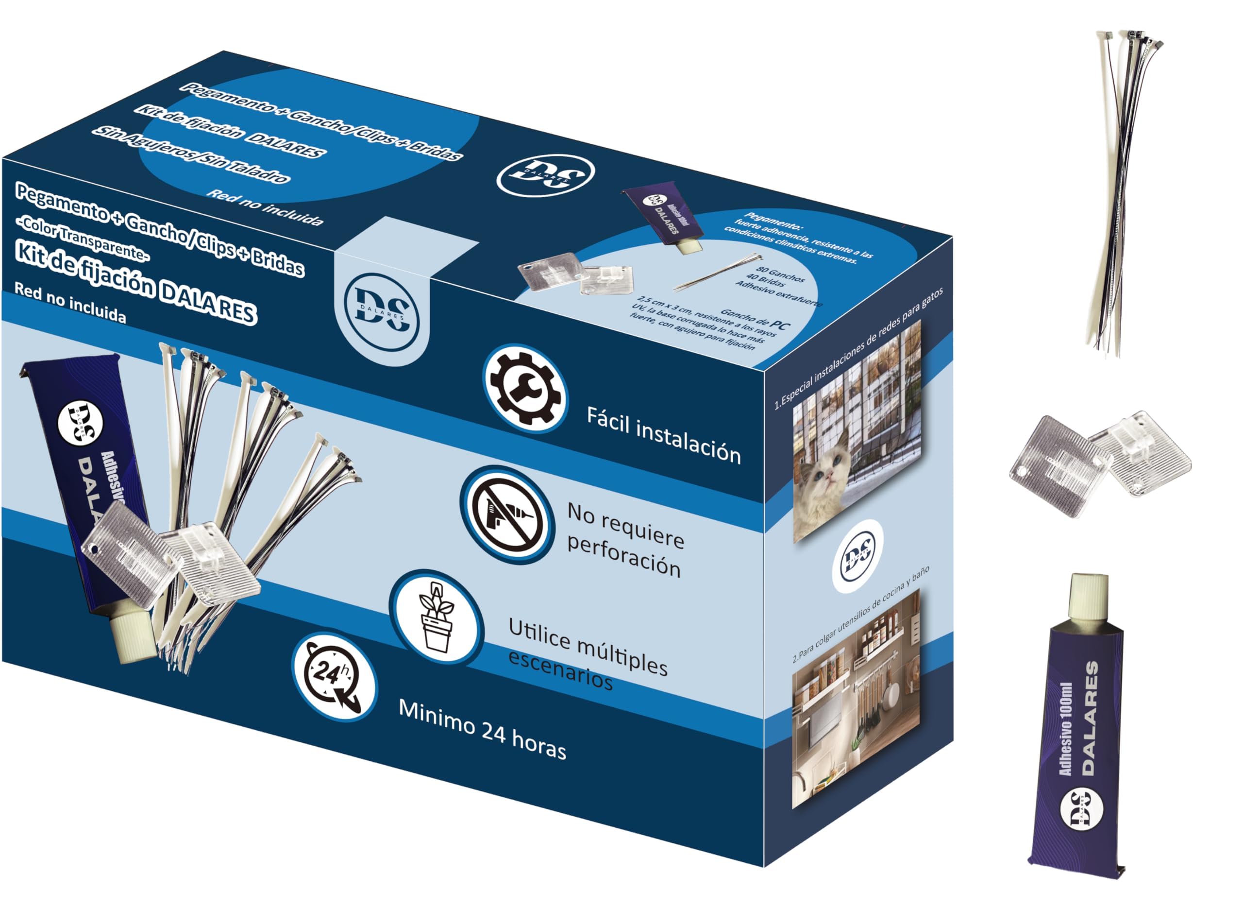 DALARES | Kit Fijación de Red para Gatos Sin Taladro | 80 Ganchos Transparentes+40 Bridas+Pegamento Extrafuerte | Instalación Red Gatos Terraza | Red Balcón Gatos Sin Agujeros | Montaje Fácil/Seguro