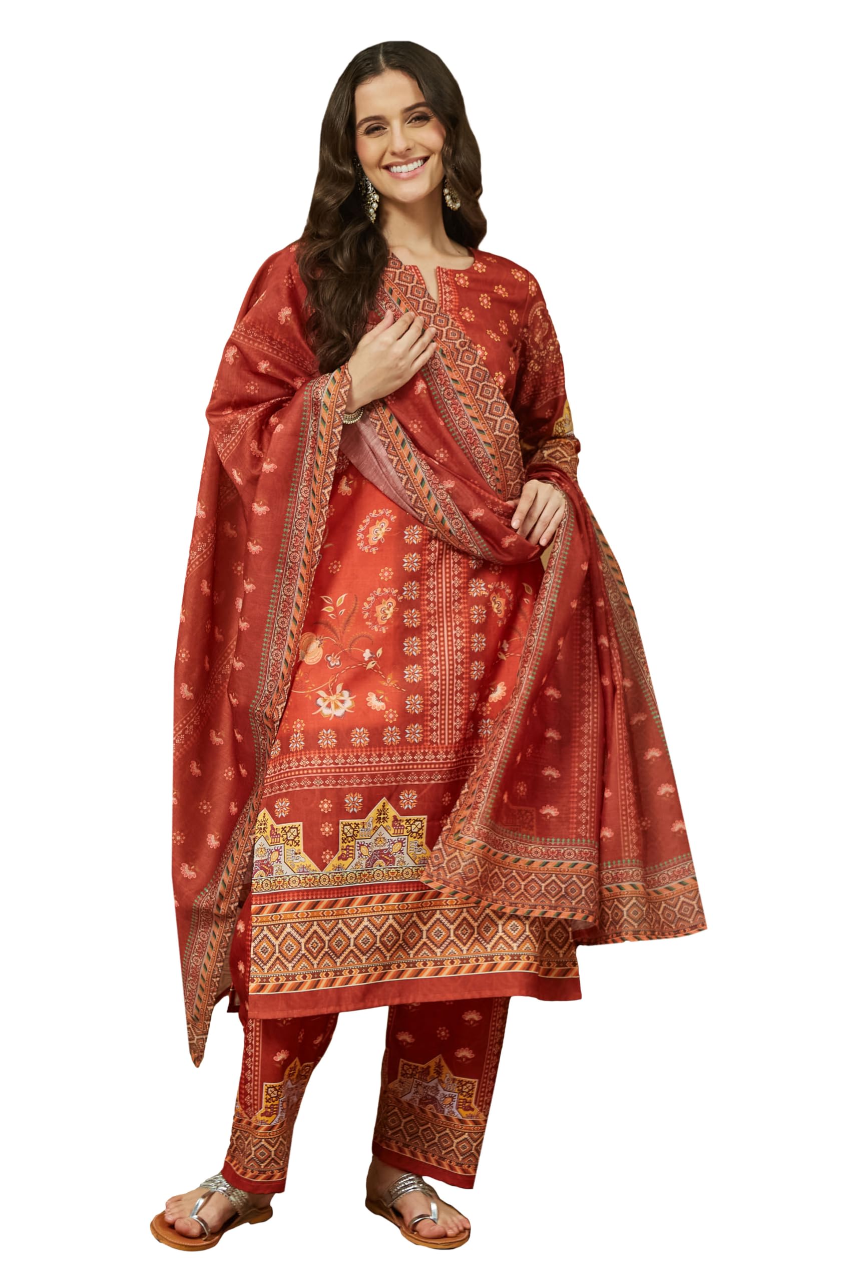 Women's Rust Orange Cotton Blend Floral Printed Pakistani Straight Kurta Set-image-9