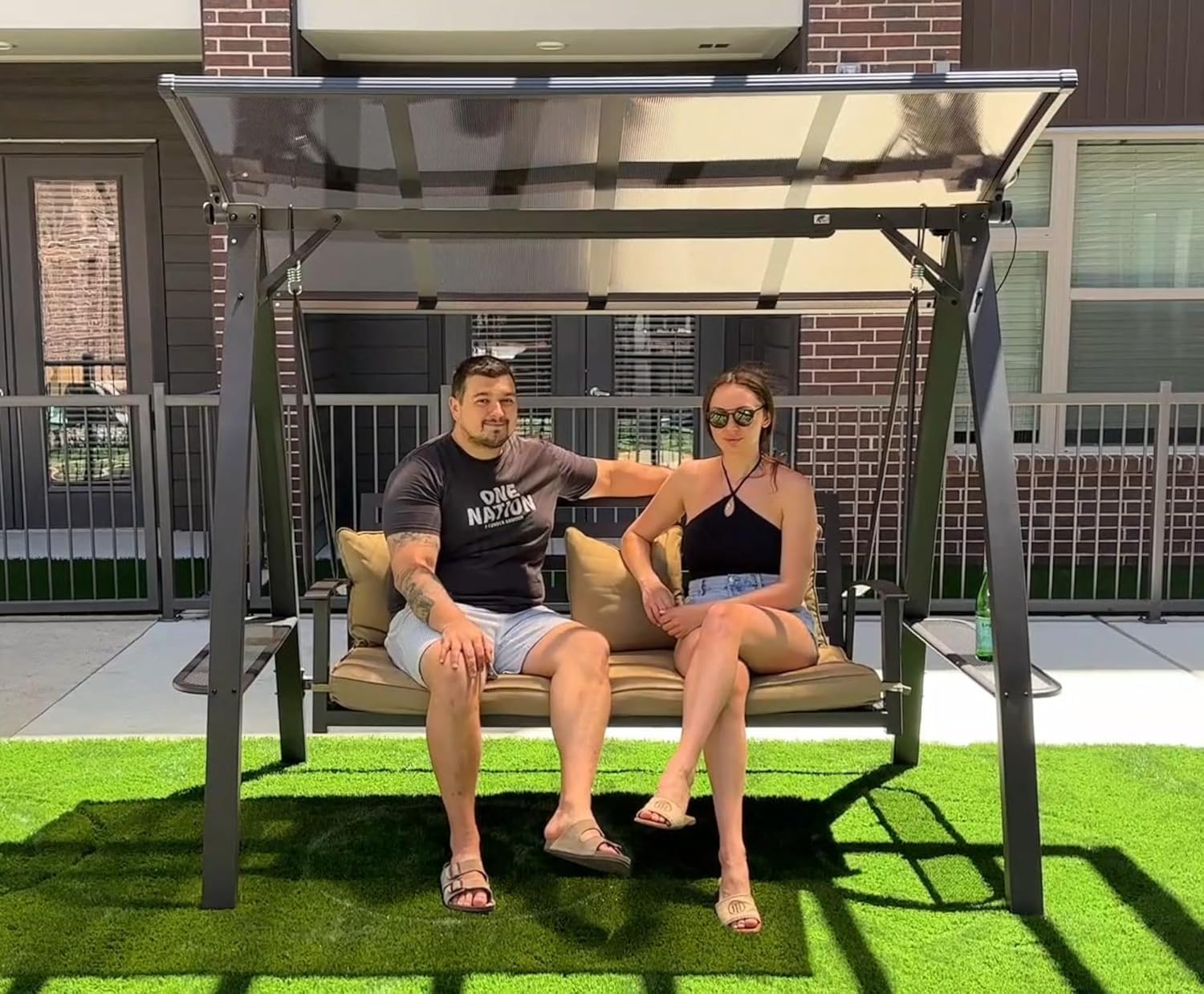 PURPLE LEAF 3-Seat Porch Swing with Adjustable PVC Canopy Metal Patio Bench Glider Swing Bed Outdoor Swing Chair with Stand and Side Cup Holder for Outside Garden Porch, Cushion and Pillows Included