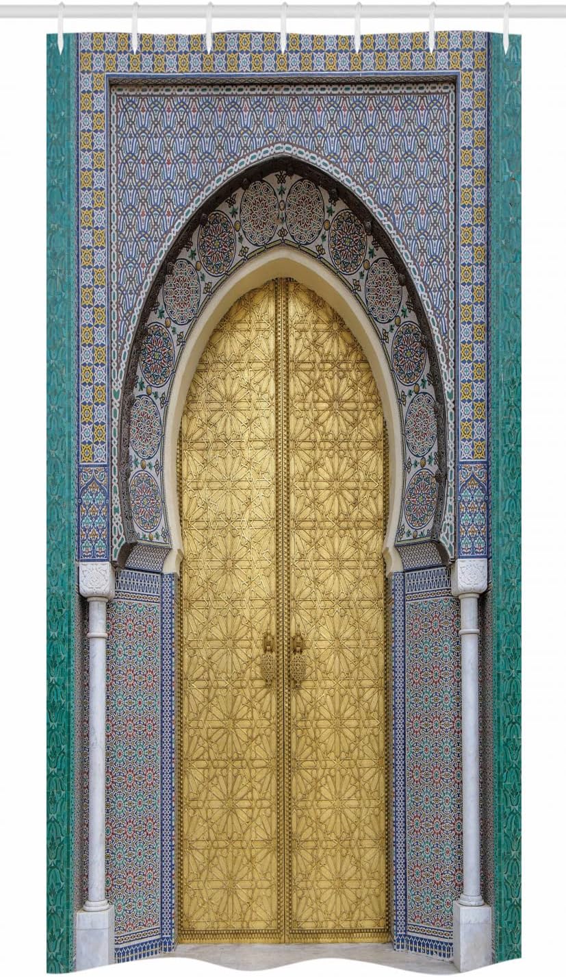 Ambesonne Moroccan Stall Shower Curtain, Antique Doors Morocco Yellow Doorknob Ornamental Carved Intricate, Fabric Bathroom Decor Set with Hooks, 36" W x 72" L, Yellow Teal Blue