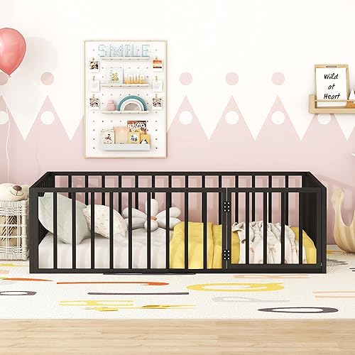 Miniatura 4 de Harper & Bright Designs Base de cama de metal individual con rieles, cama Montessori individual con valla y puerta, para niños y niñas (tamaño
