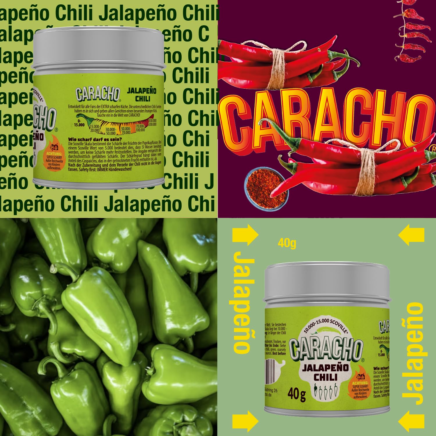CARACHO 40 g Chile verde jalapeño chatarrado/molido - Premium 100% picante chile en lata de especias de metal/Scoville: 15.000