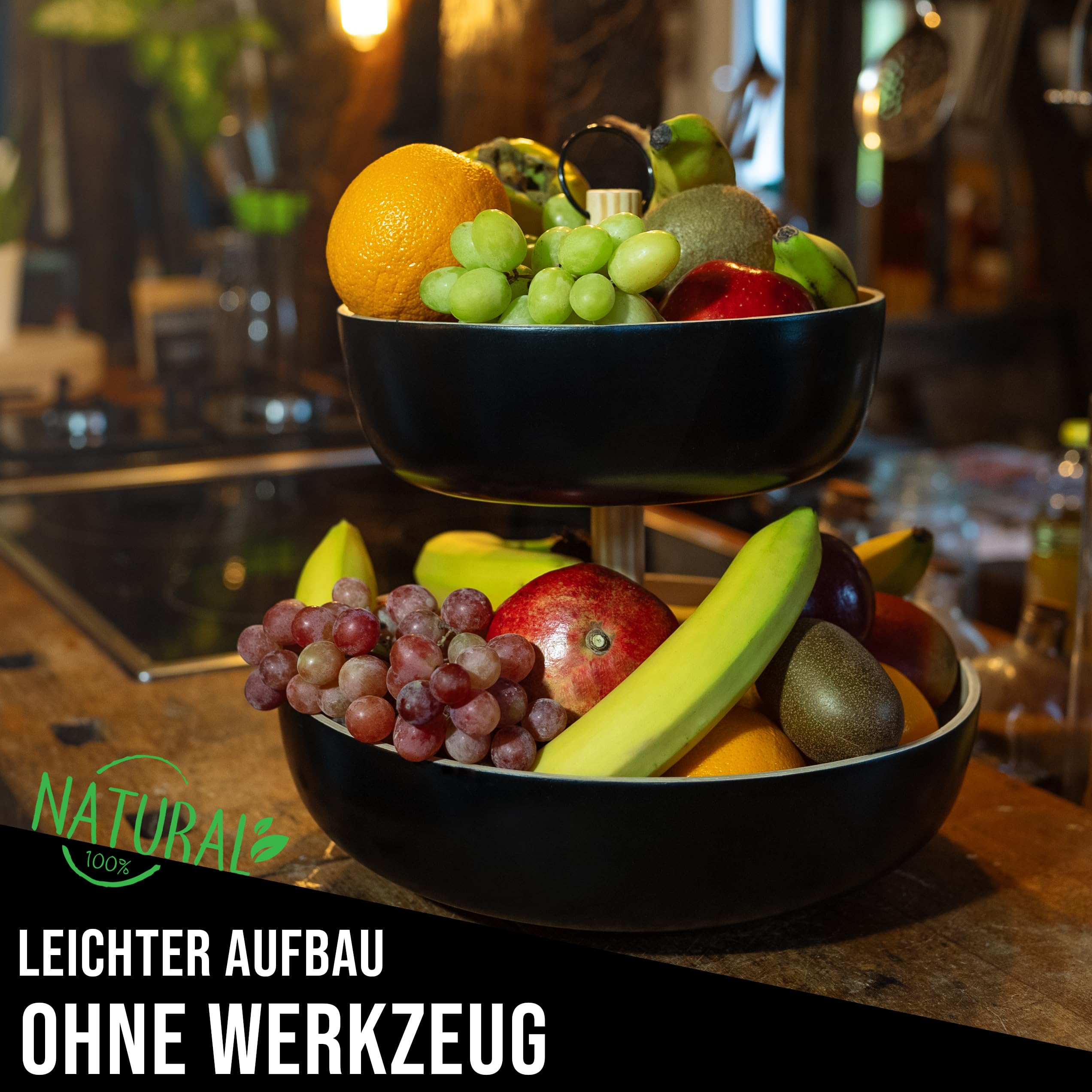 Tiali Obst Etagere 2 Etagen Bambus - Holz für Extra Viel Stauraum - Obstkorb Weiß aus Natürlichem Bambus für Frisches Obst - Fruit Basket - Moderne Obstschale für die Ganze Familie