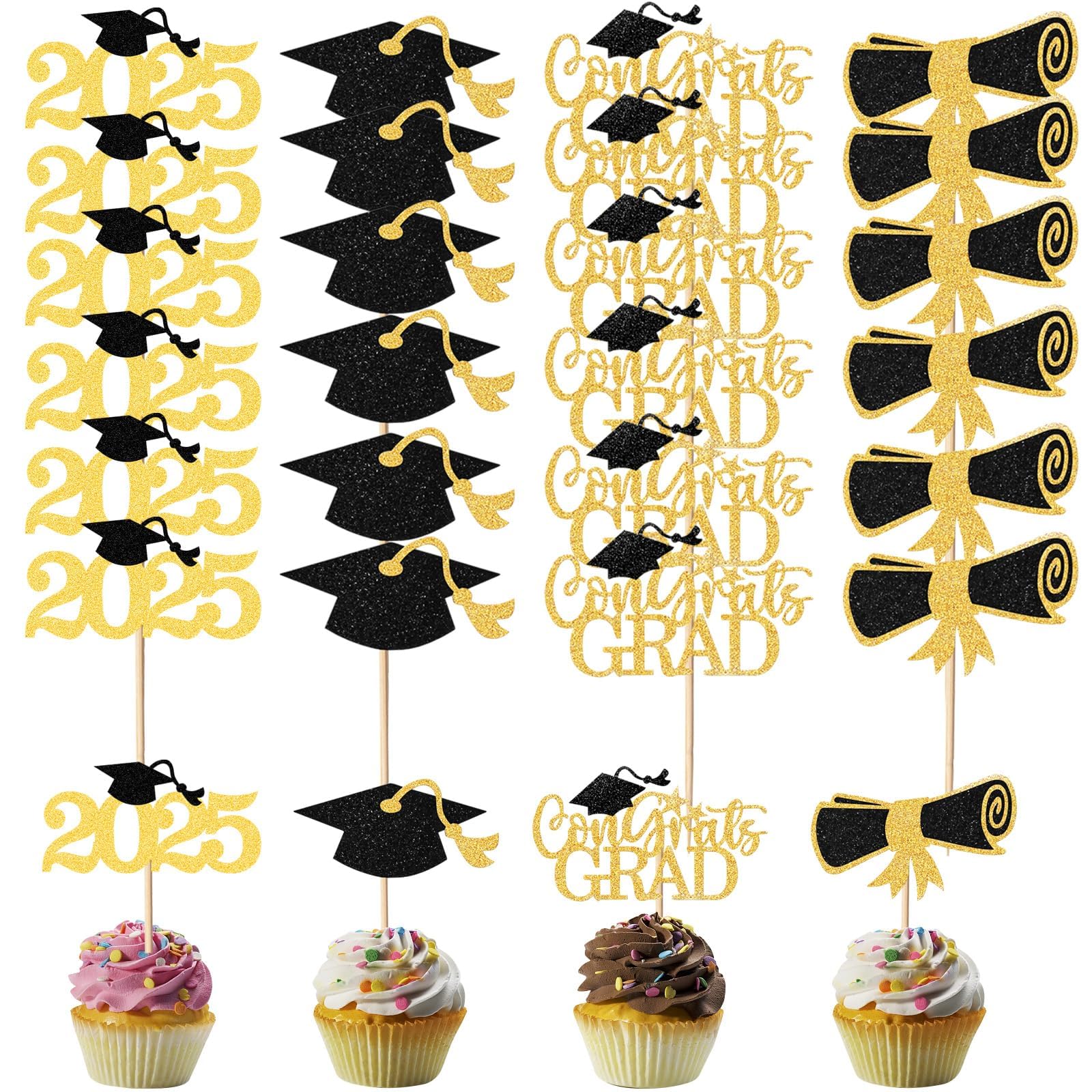 24Pcs Graduation Cupcake Toppers 2025, Graduation Party Decorations 4 Styles Graduation Cake Decorations of 2025, Cake Topper Graduation Cake Topper Class with Grad Cap Diploma Congrats Grad Sign