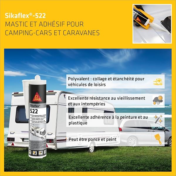 SIKA - Mastic multi-usages - Sikaflex 522, Gris - Pour caravane et camping-car - Collage et étanchéité - Résiste aux intempéries - Sans isocyanate - Faible émission - Intérieur et extérieur - 300ml - 4