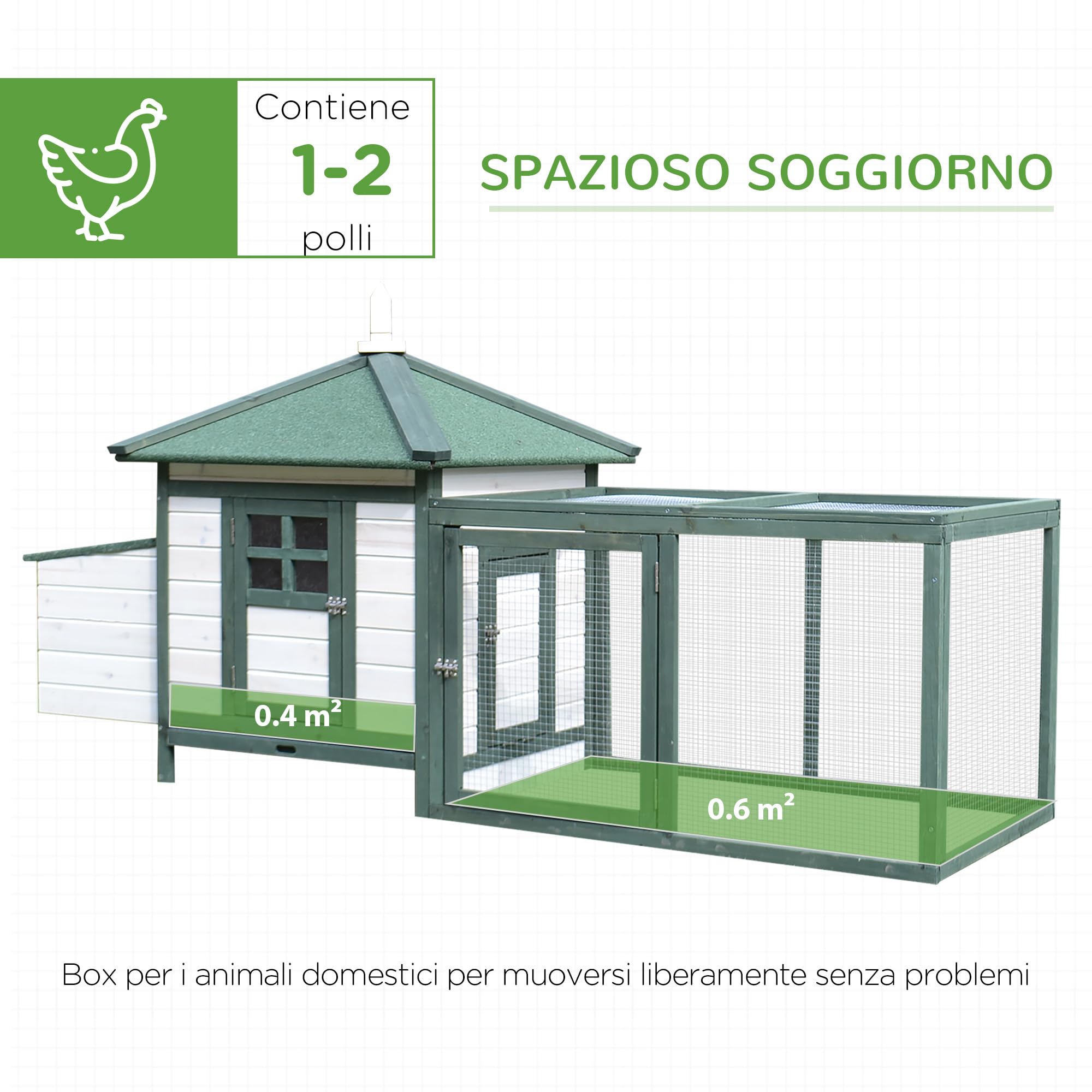 PawHut Pollaio in Legno con 1 Nido, Pollaio per Galline da Esterno con Tetto Impermeabile, Vassoio Estraibile e Porta, Casetta per 1-2 Galline, Anatra, Giardino, 196x76x97 cm, Bianco e Verde