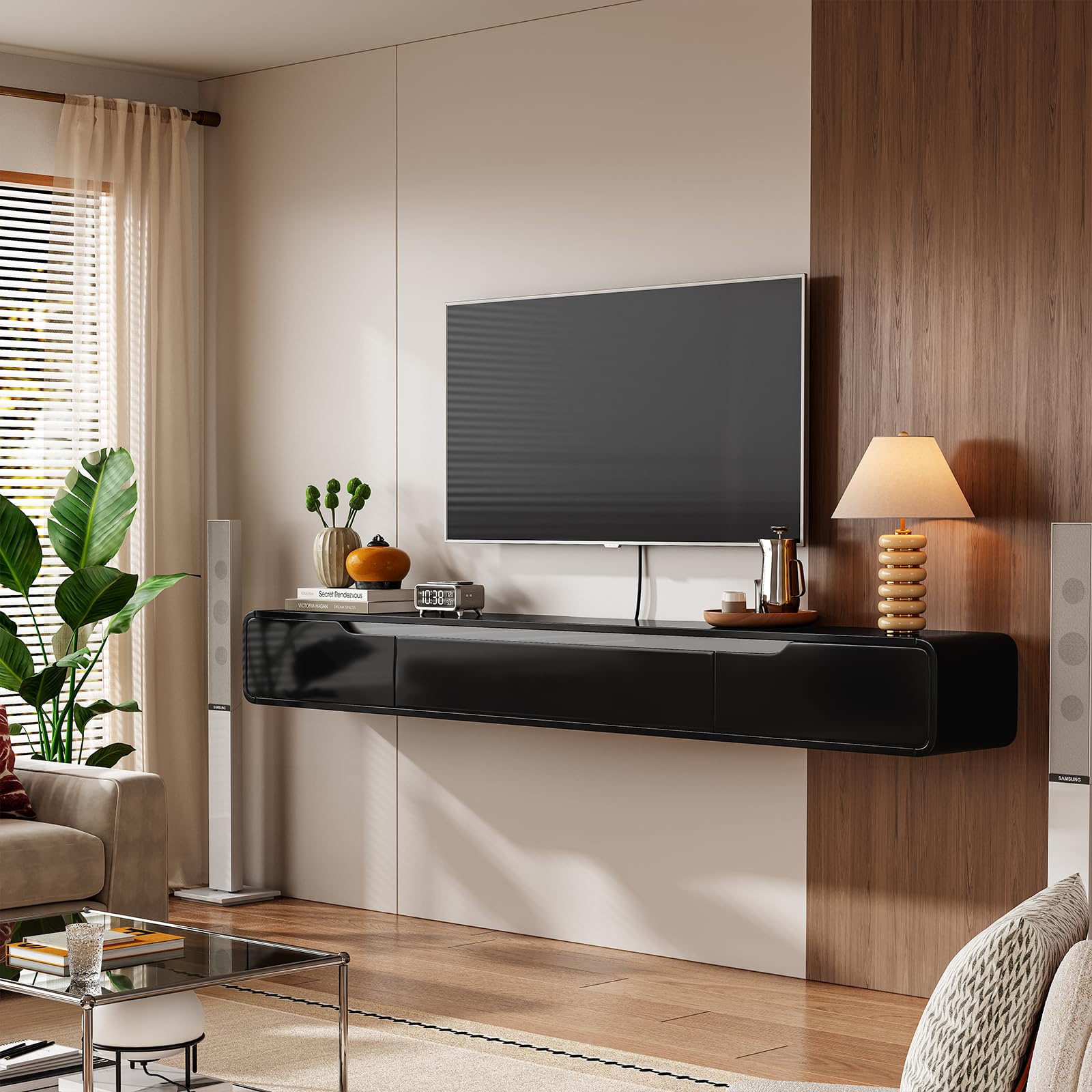 Photo 1 of Fully-Assembled Floating TV Stand with Drawers, 94IN High Gloss Wall Mounted Entertainment Center, Modern Media Console with Storage, Under TV Shelf for Bedroom Living Room Black