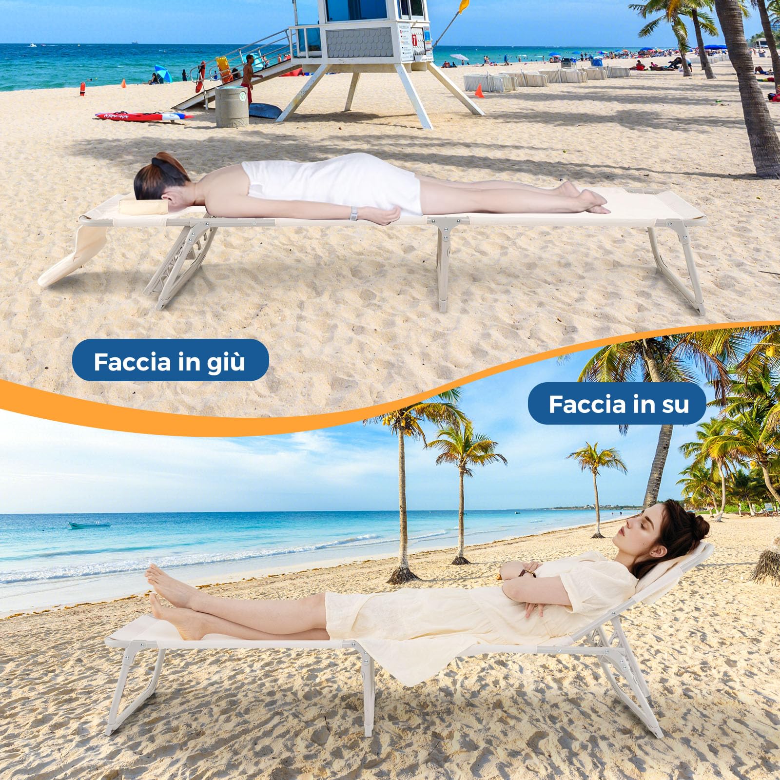 COSTWAY Lettino Prendisole da Spiaggia, Sdraio da Mare Pieghevole Leggero con Fori per Viso e Braccia, Schienale e Poggiapiedi Regolabili, per Esterno e Campeggio, Portata 200 kg, Beige