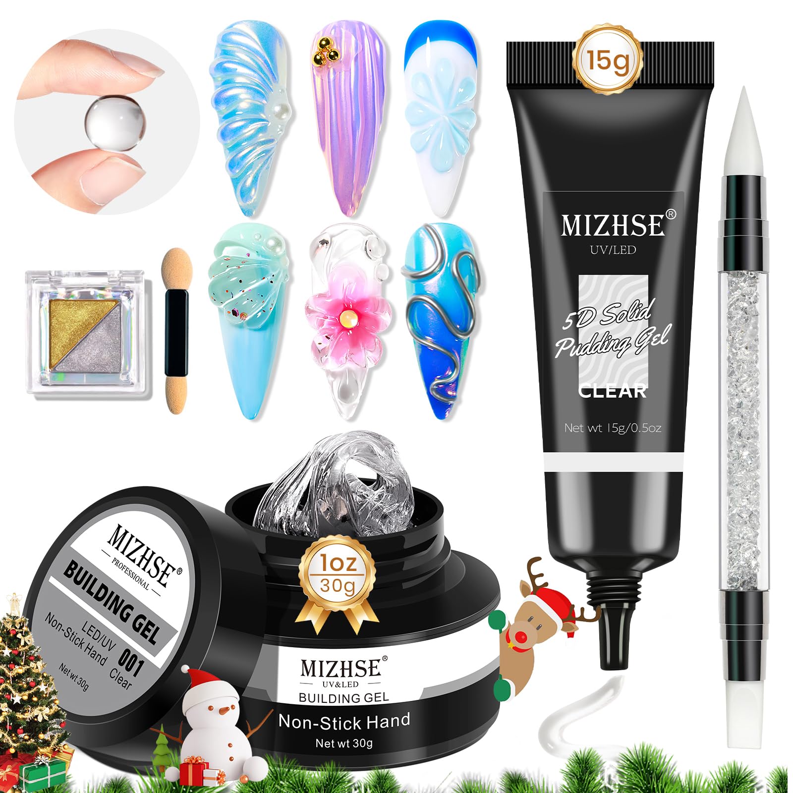 MIZHSE 30g Solid Builder Gel for Nails and 15g 3D Nail Gel, Clear Hard Sculpting Gels for Nails Art Soak Off U V LED Builder Gels for Salon Home DIY Woman