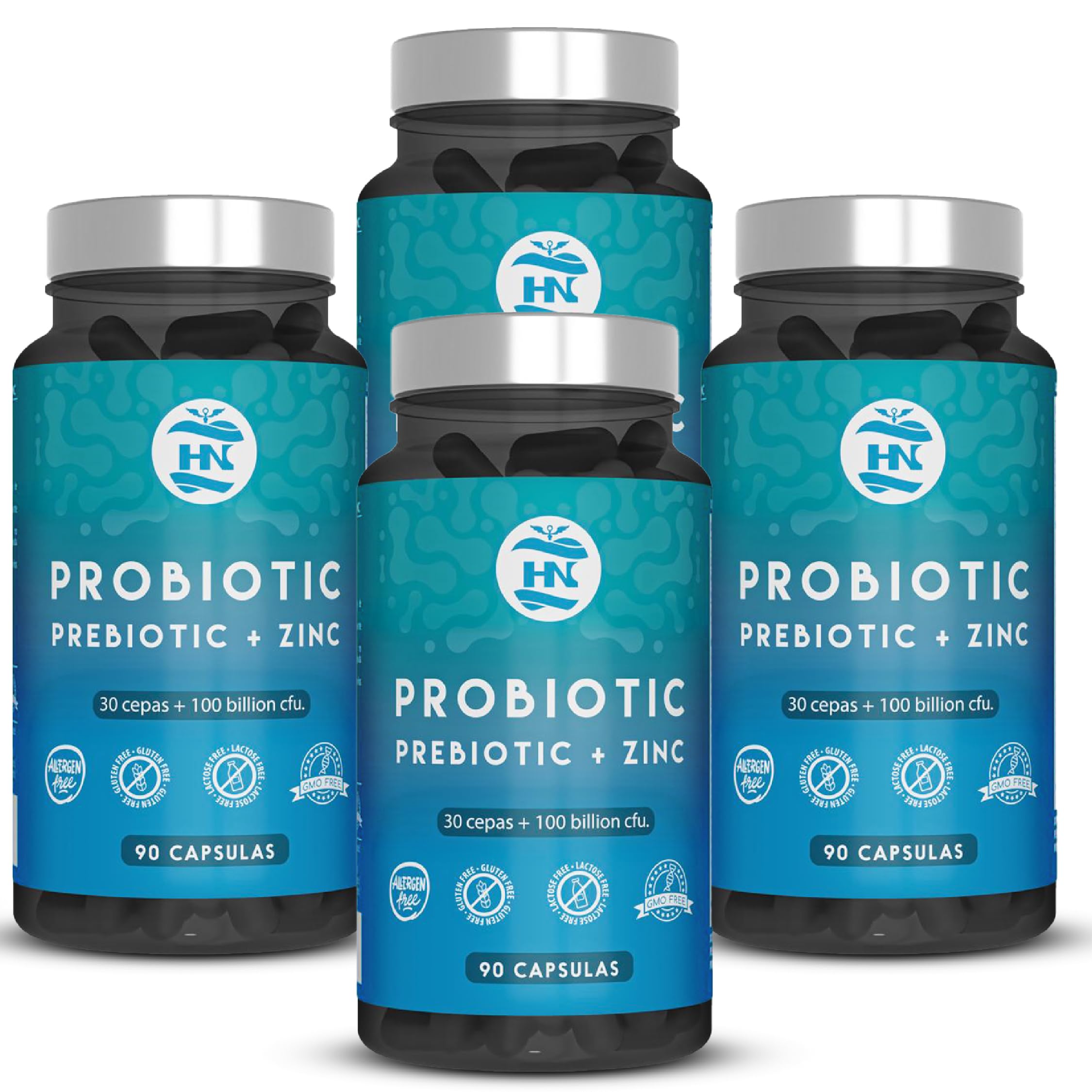 Probioticos y Prebioticos Intestinales 100 mil millones de UFC-30 Cepas Bacterianas Prebioticos y Probioticos con Zinc + Inulina Apoyo Inmunológico Probióticos para Flora Intestinal 90 Cáps (4 Botes)