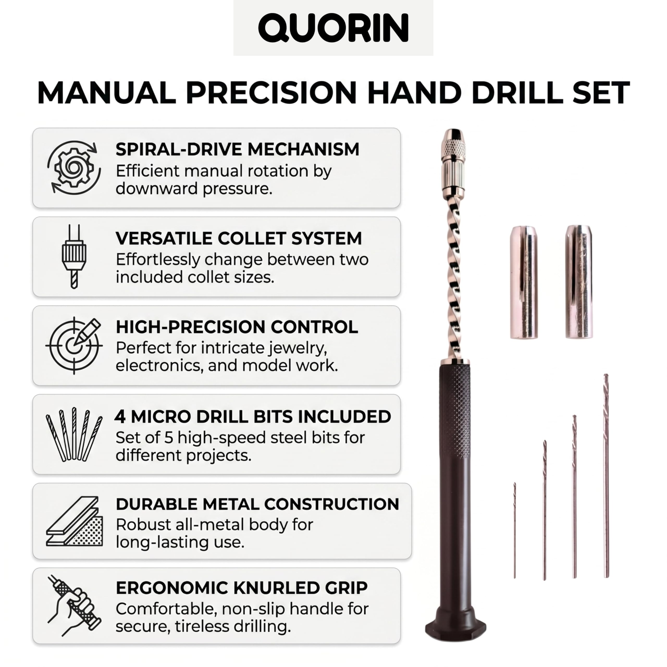 QUORIN Hand Drill for Resin Art, PCB, Jewelry Making – Includes 4 Precision Micro Bits | Easy-to-Use for Woodworking, Crafts & Keychains 3