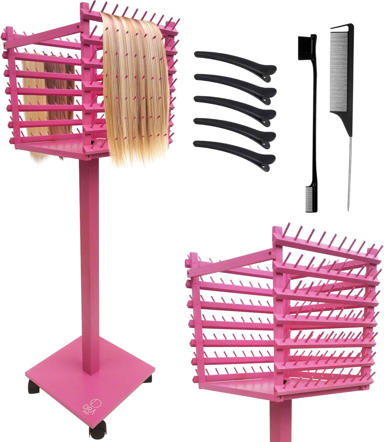 Braiding Hair Rack, Hair Extension Holder, Hair Braiding Tools, Hair Product Organizer, Wooden 3-Sided Rack Stand, Large Capacity (210 pegs) (Pink)